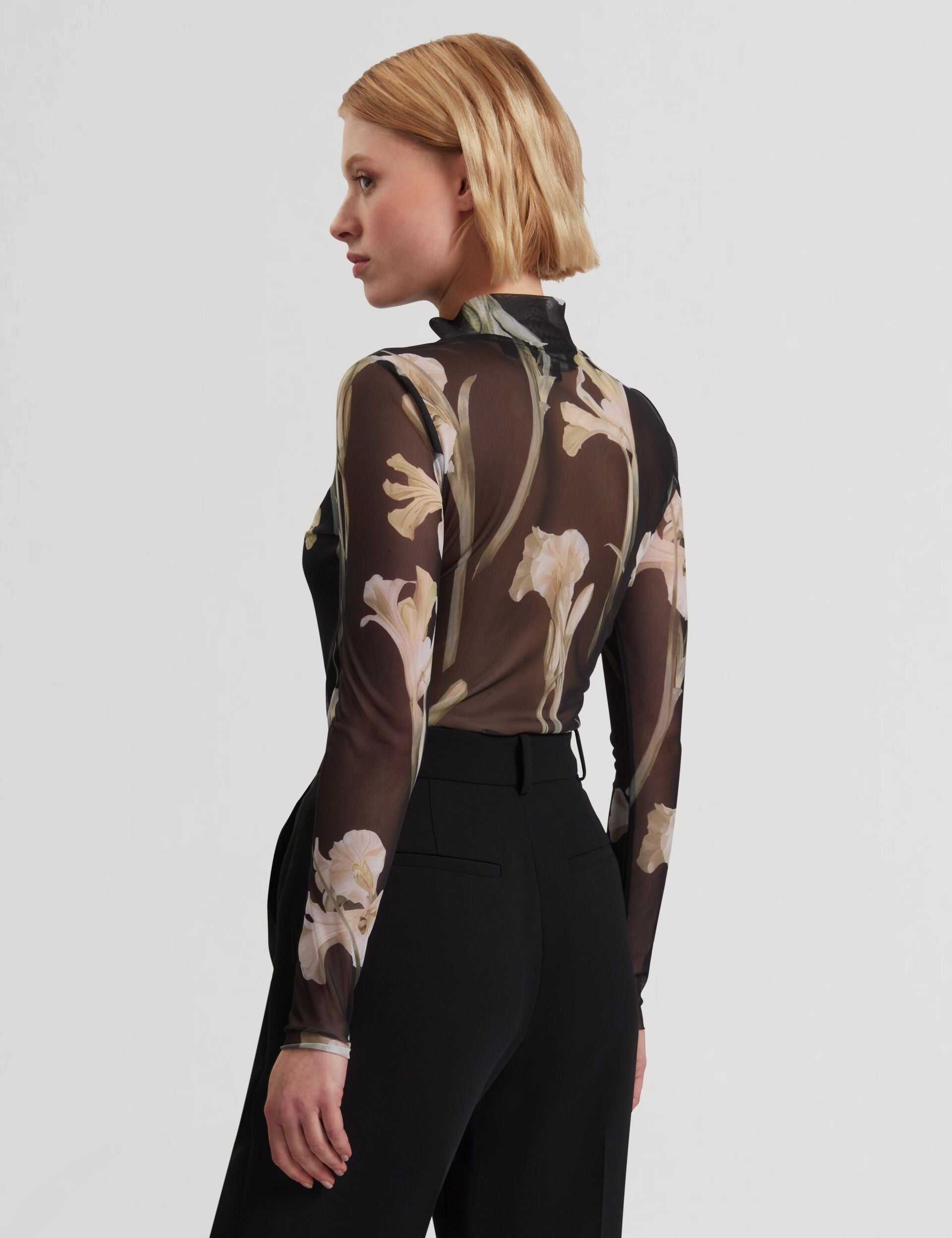 Ted Baker FIAAHH - Floral Print High Neck Sheer Mesh Top BLACK