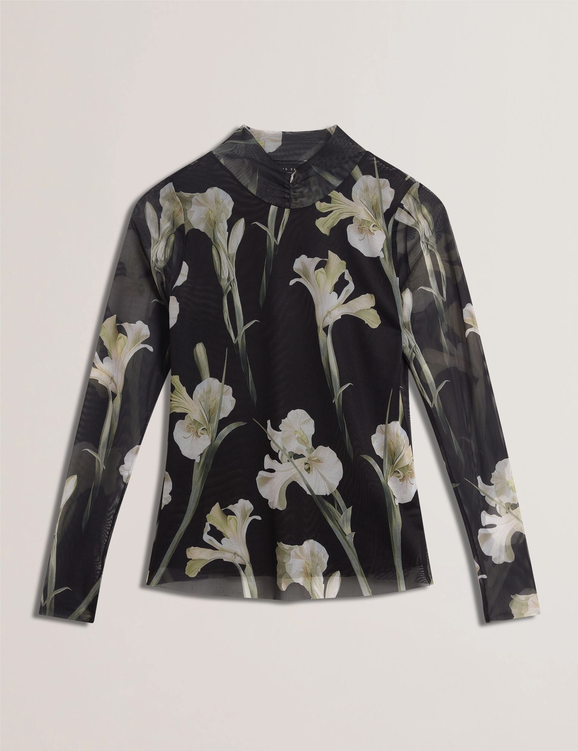 Ted Baker FIAAHH - Floral Print High Neck Sheer Mesh Top BLACK