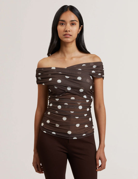 Ted Baker ZAAMO - Off-the-Shoulder Polka Dot Mesh Top DARK BROWN