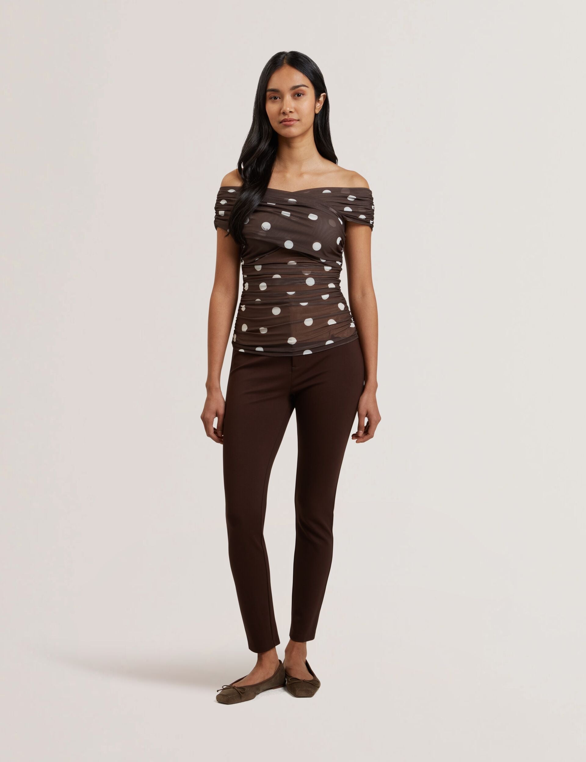 Ted Baker ZAAMO - Off-the-Shoulder Polka Dot Mesh Top DARK BROWN