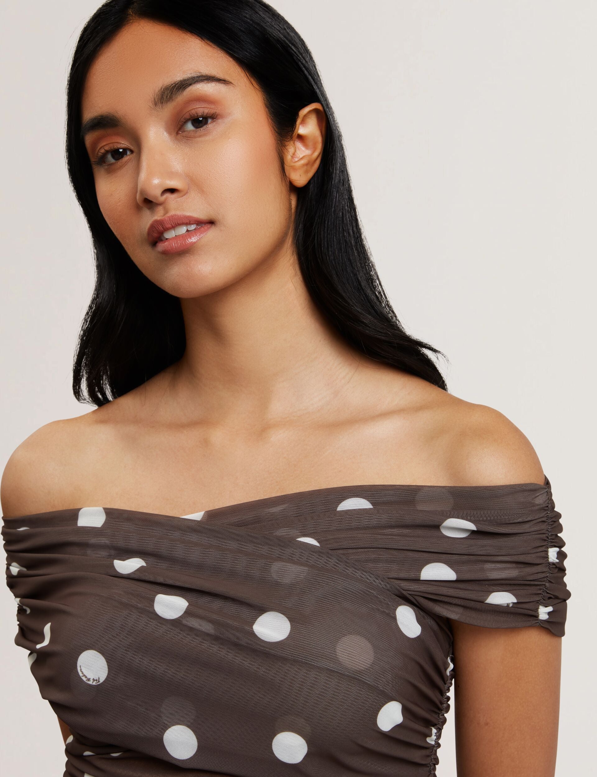 Ted Baker ZAAMO - Off-the-Shoulder Polka Dot Mesh Top DARK BROWN