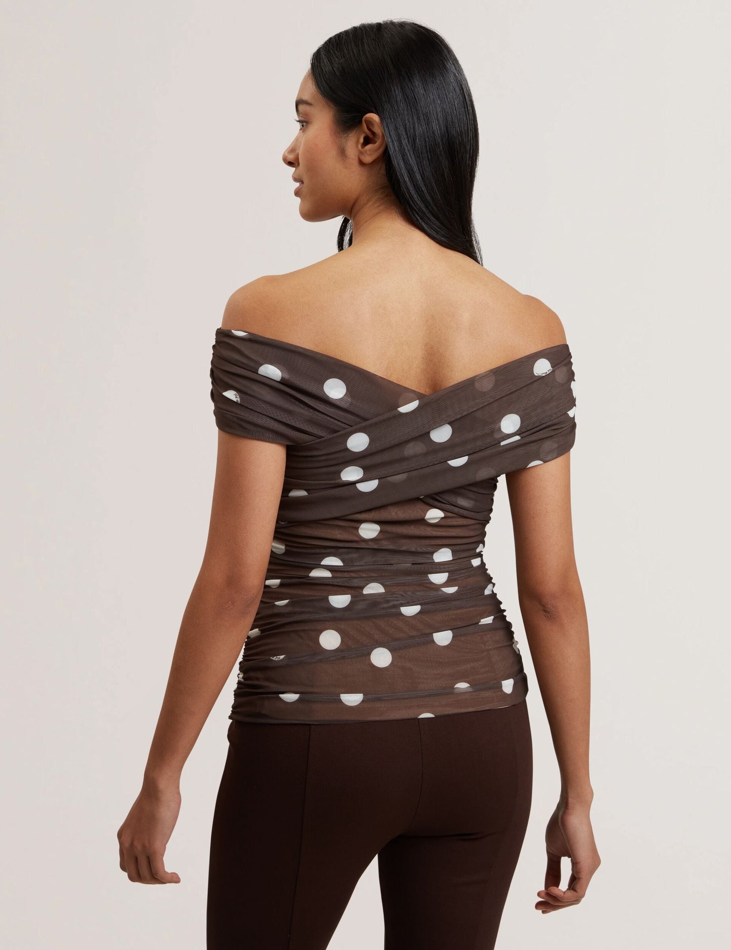 Ted Baker ZAAMO - Off-the-Shoulder Polka Dot Mesh Top DARK BROWN