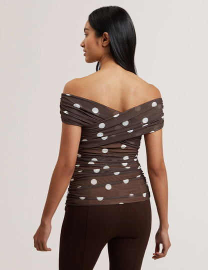 Ted Baker ZAAMO - Off-the-Shoulder Polka Dot Mesh Top DARK BROWN