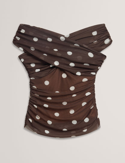 Ted Baker ZAAMO - Off-the-Shoulder Polka Dot Mesh Top DARK BROWN