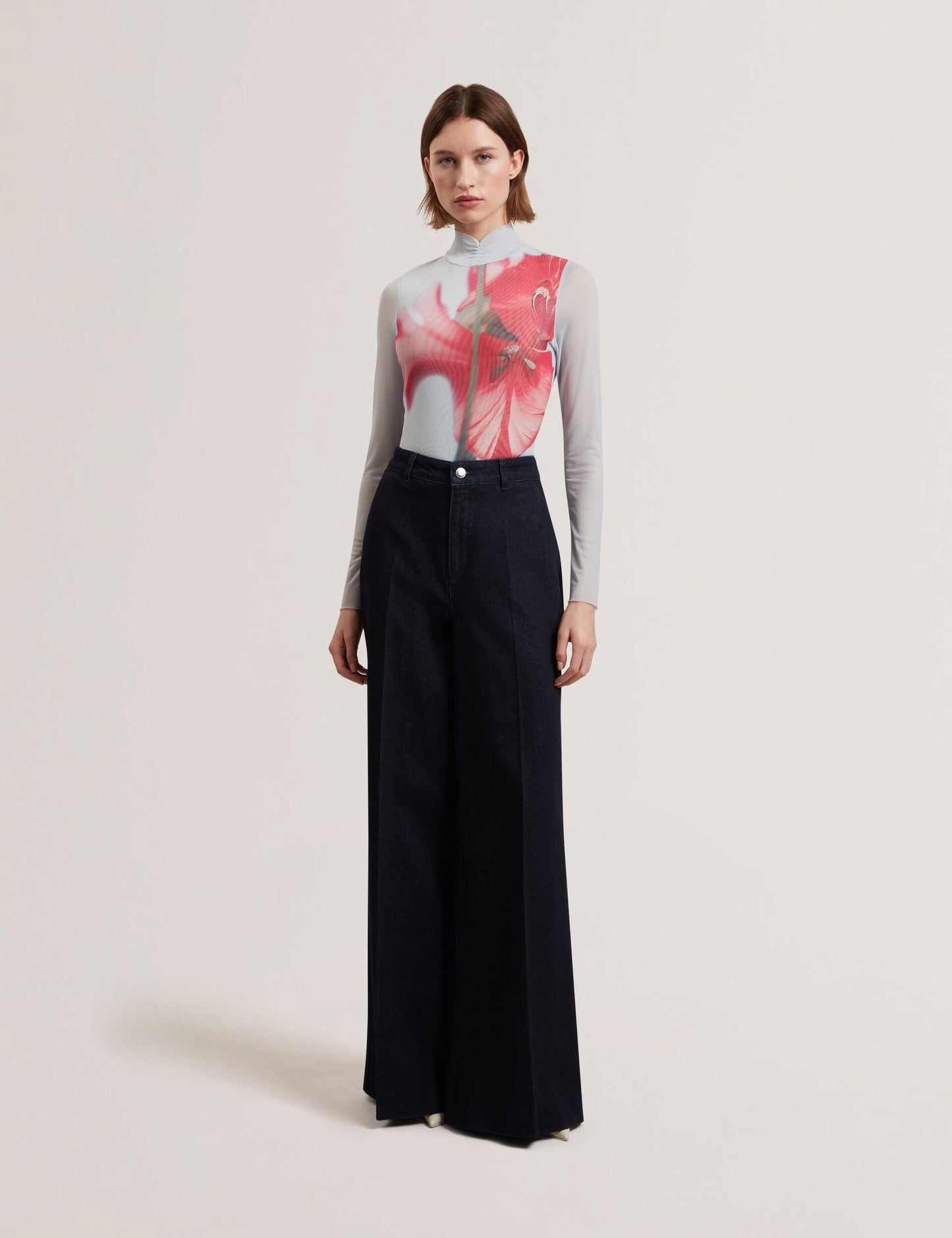 Ted Baker PIPYA - Floral High Neck Long Sleeve Mesh Top PALE BLUE