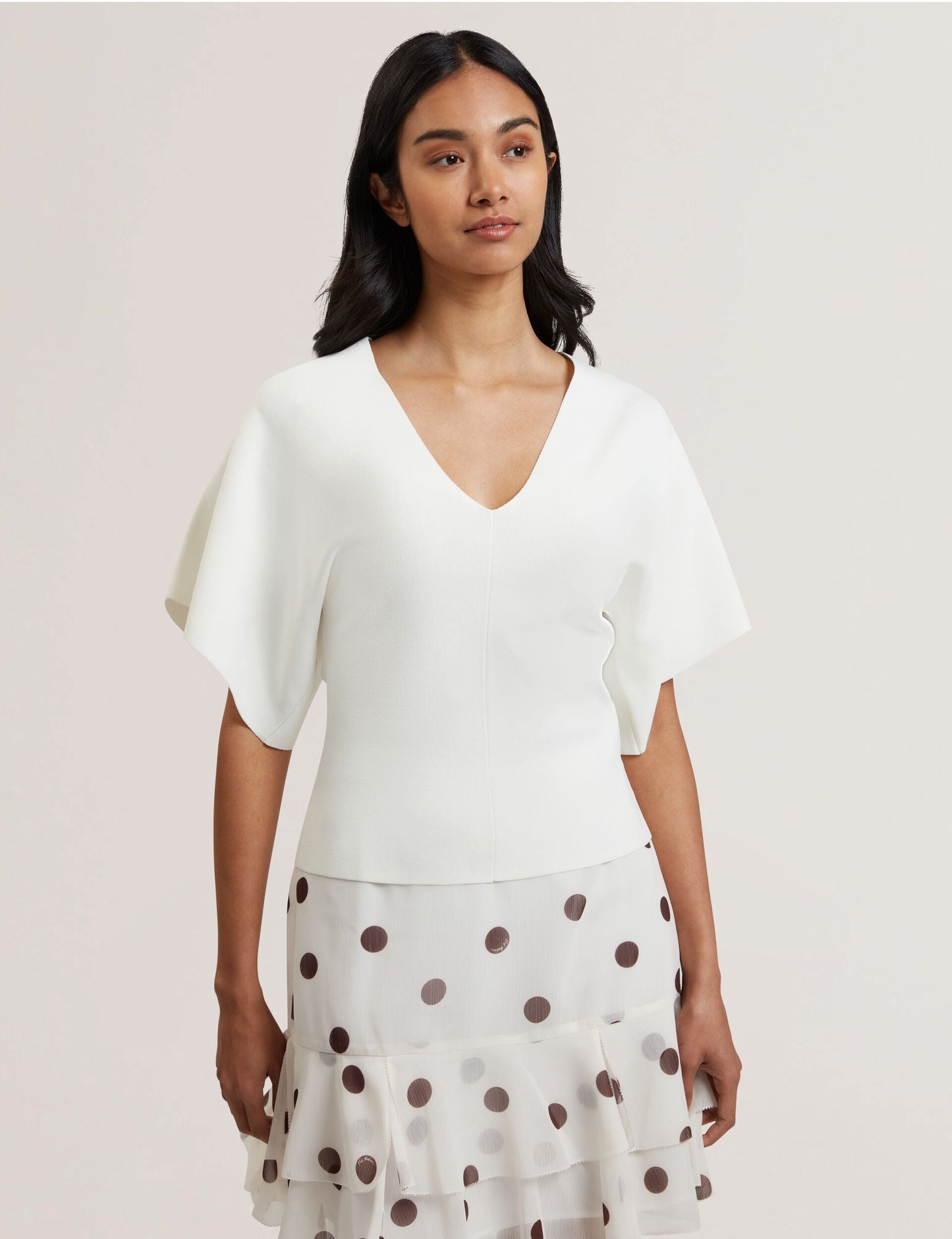 Ted Baker REGINAH - Wide Short Sleeve V-Neck Knitted Top IVORY