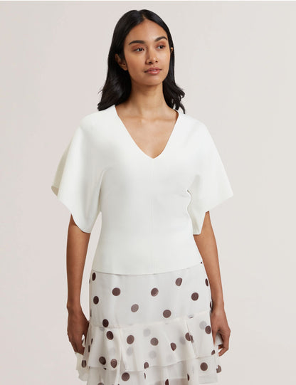 Ted Baker REGINAH - Wide Short Sleeve V-Neck Knitted Top IVORY