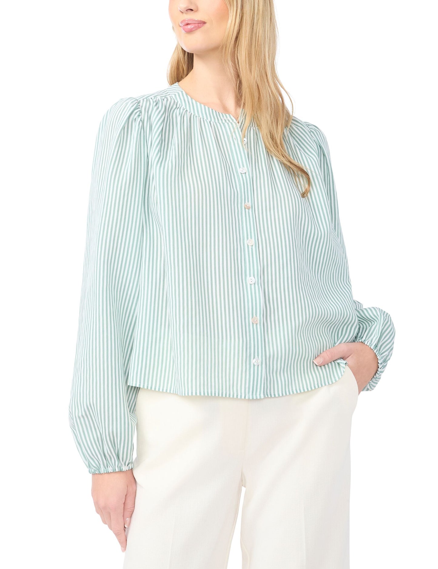 Ted Baker BROOKE Striped Puff Long Sleeve Blouse LIGHT GREEN