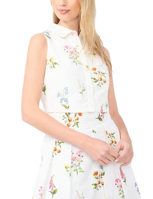 Ted Baker YORK Cotton Floral Sleeveless Cropped Shirt WHITE