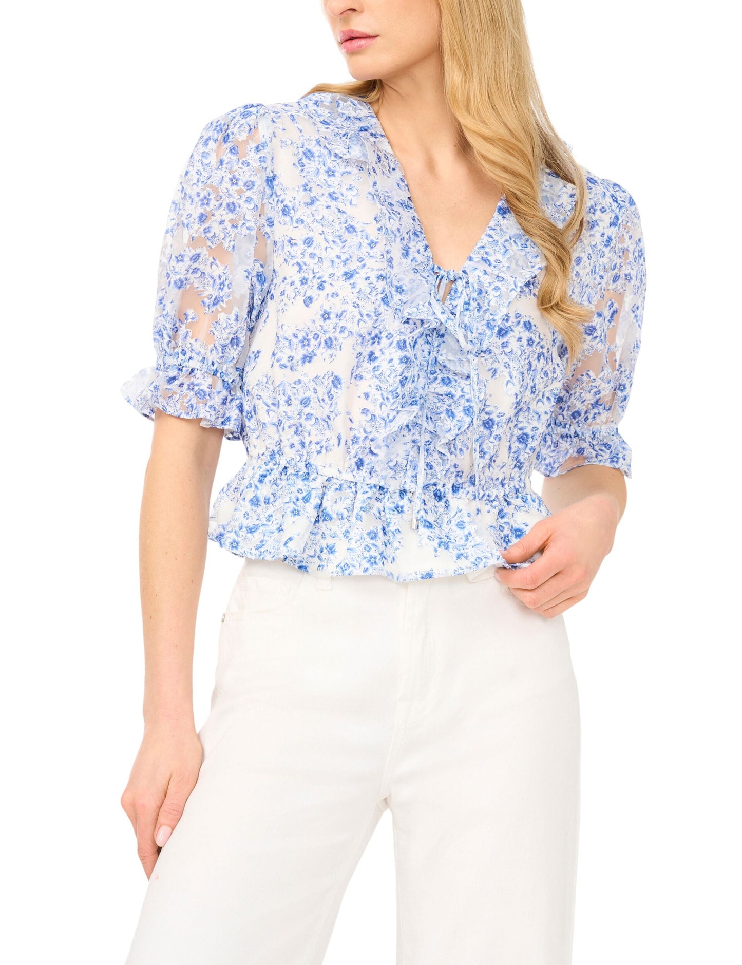 Ted Baker CLARISE Floral Ruffled V-Neck Cropped Blouse BRIGHT BLUE