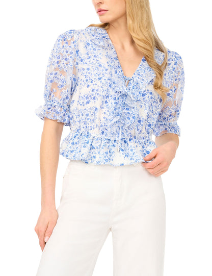 Ted Baker CLARISE Floral Ruffled V-Neck Cropped Blouse BRIGHT BLUE