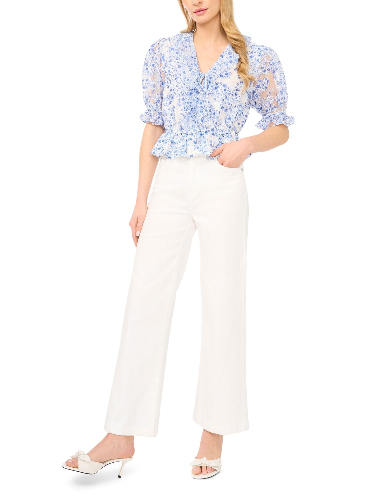 Ted Baker CLARISE Floral Ruffled V-Neck Cropped Blouse BRIGHT BLUE