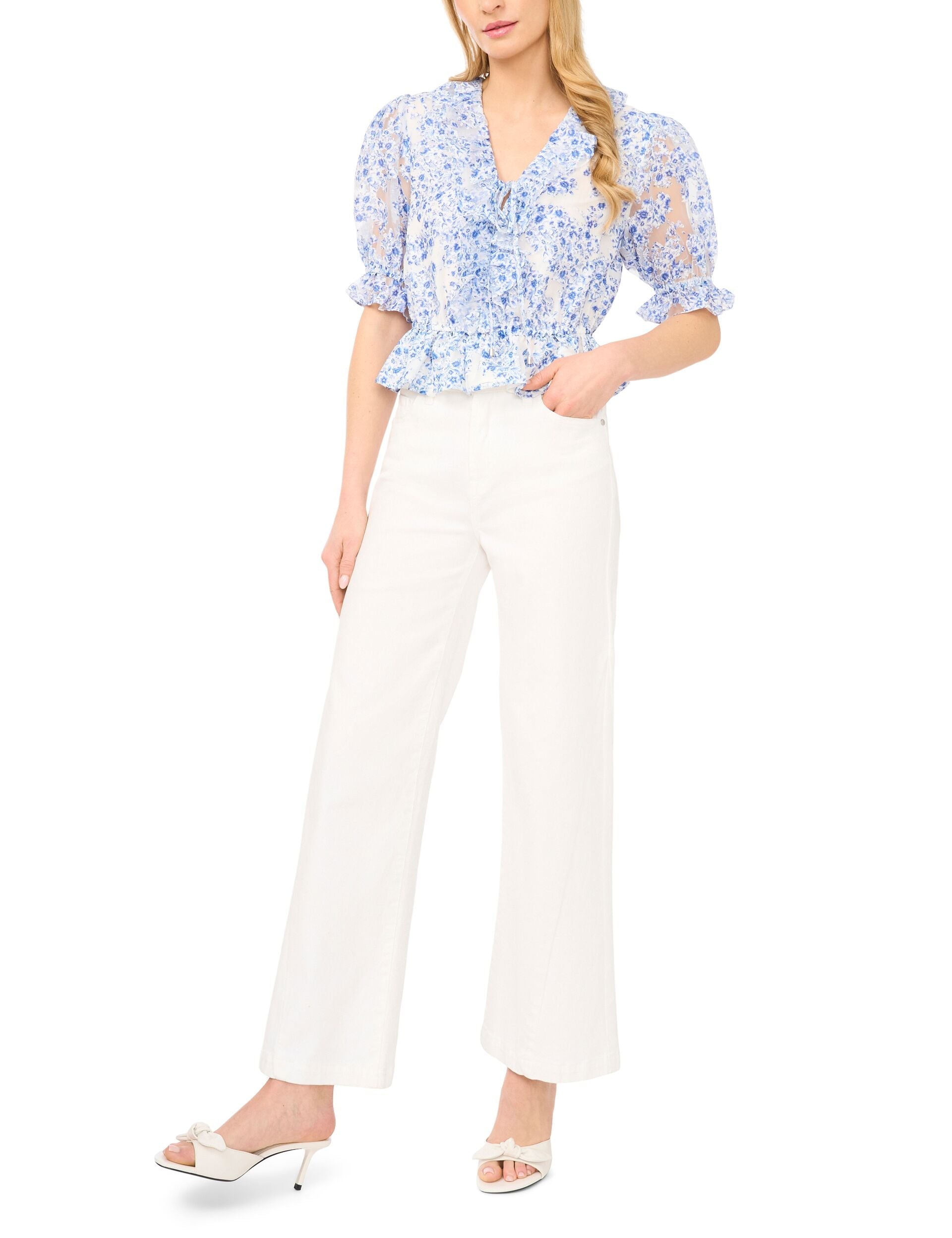 Ted Baker CLARISE Floral Ruffled V-Neck Cropped Blouse BRIGHT BLUE