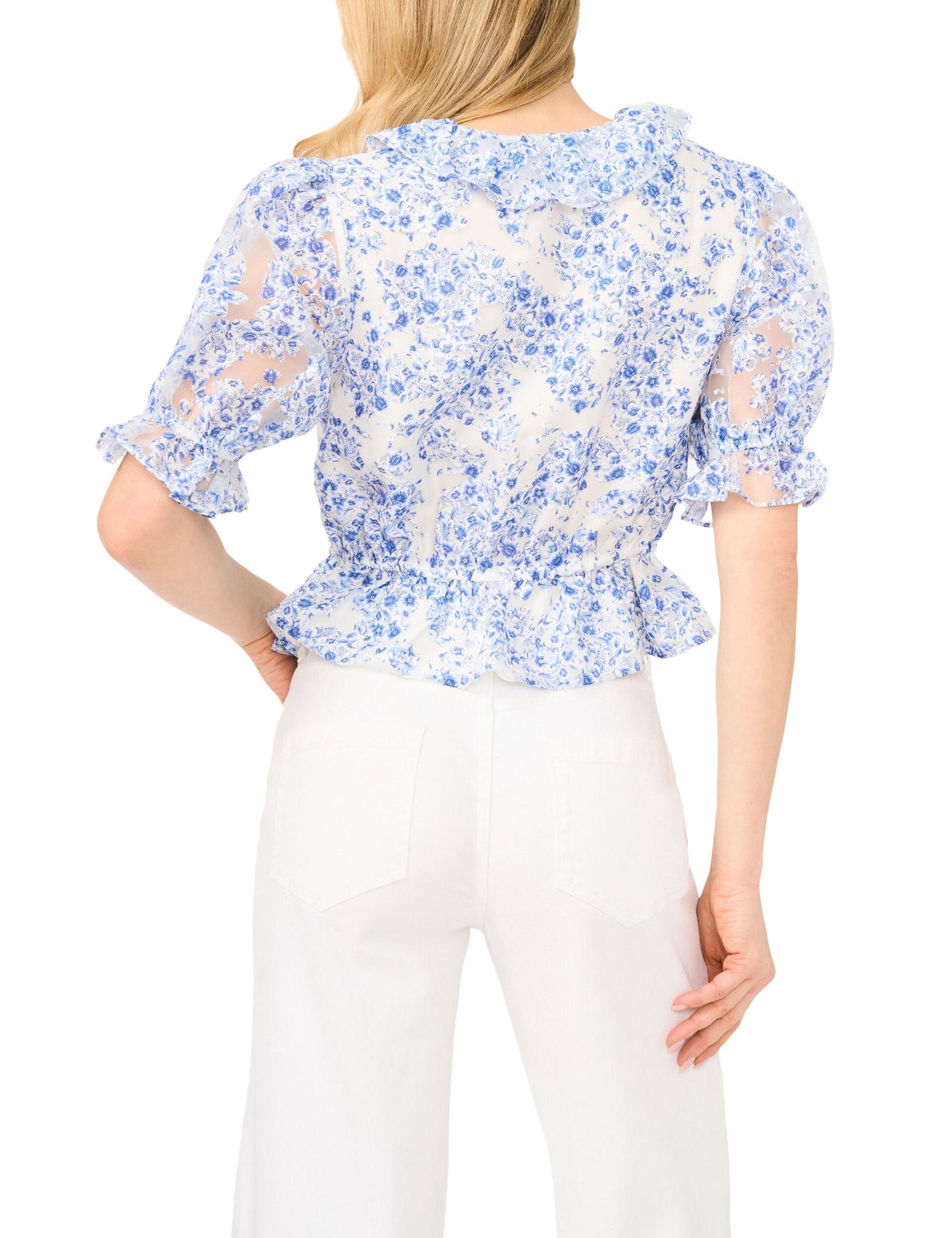Ted Baker CLARISE Floral Ruffled V-Neck Cropped Blouse BRIGHT BLUE