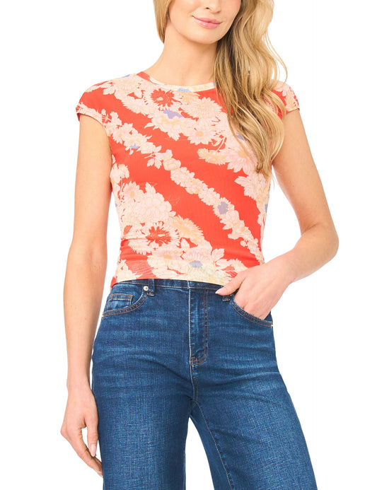 Ted Baker JODIE Floral Stripe Cap Sleeve Fitted T-Shirt BRIGHT ORANGE