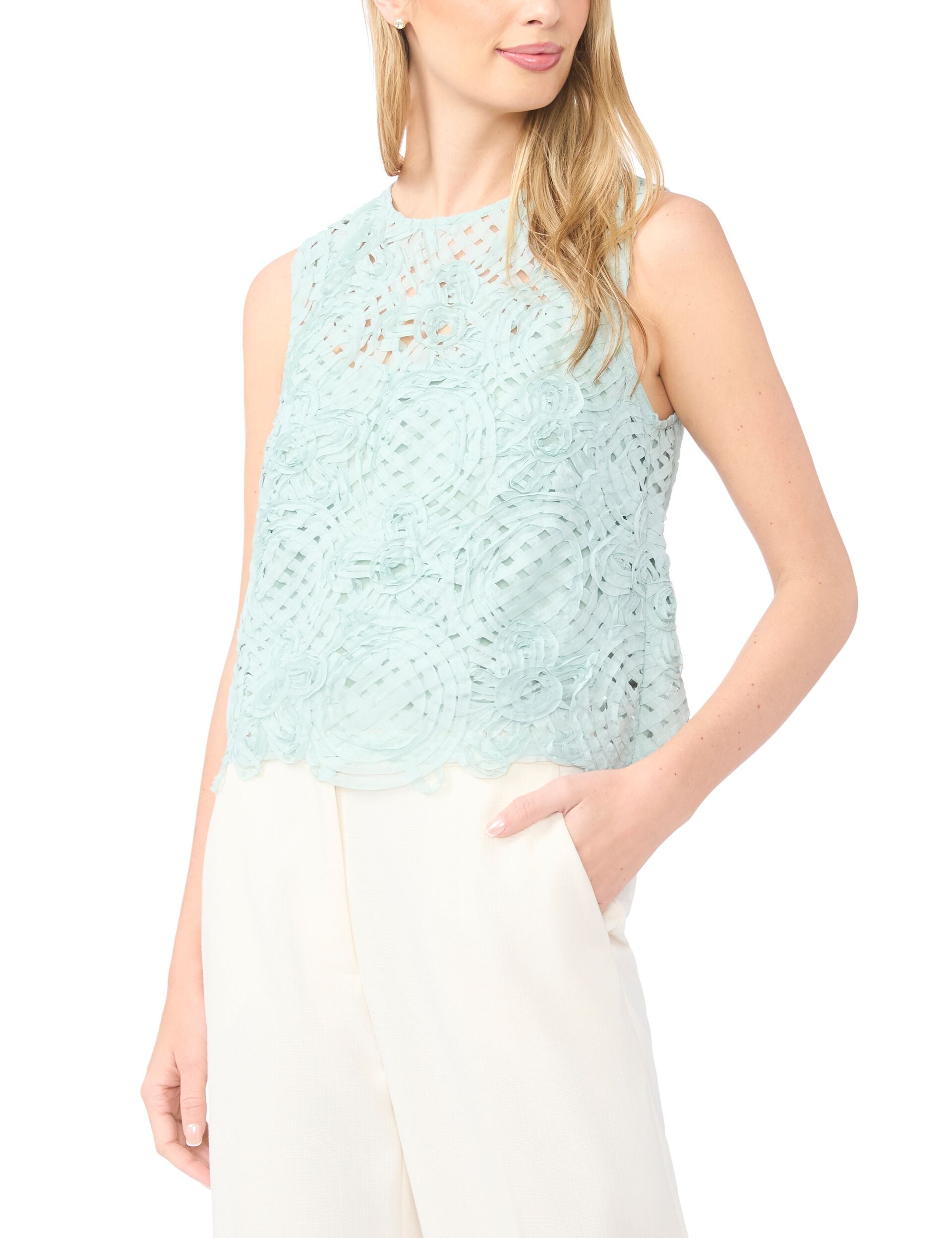 Ted Baker HAZEL Floral Crosshatch Cropped Shell Top PALE GREEN