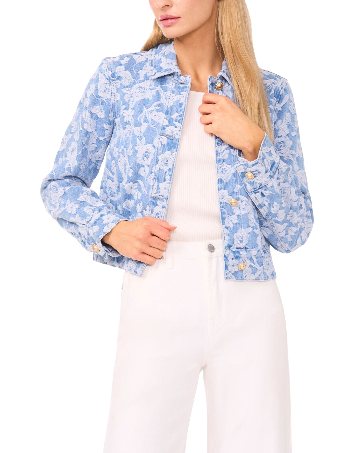 Ted Baker ROSET Floral Print Cropped Denim Jacket BRIGHT BLUE