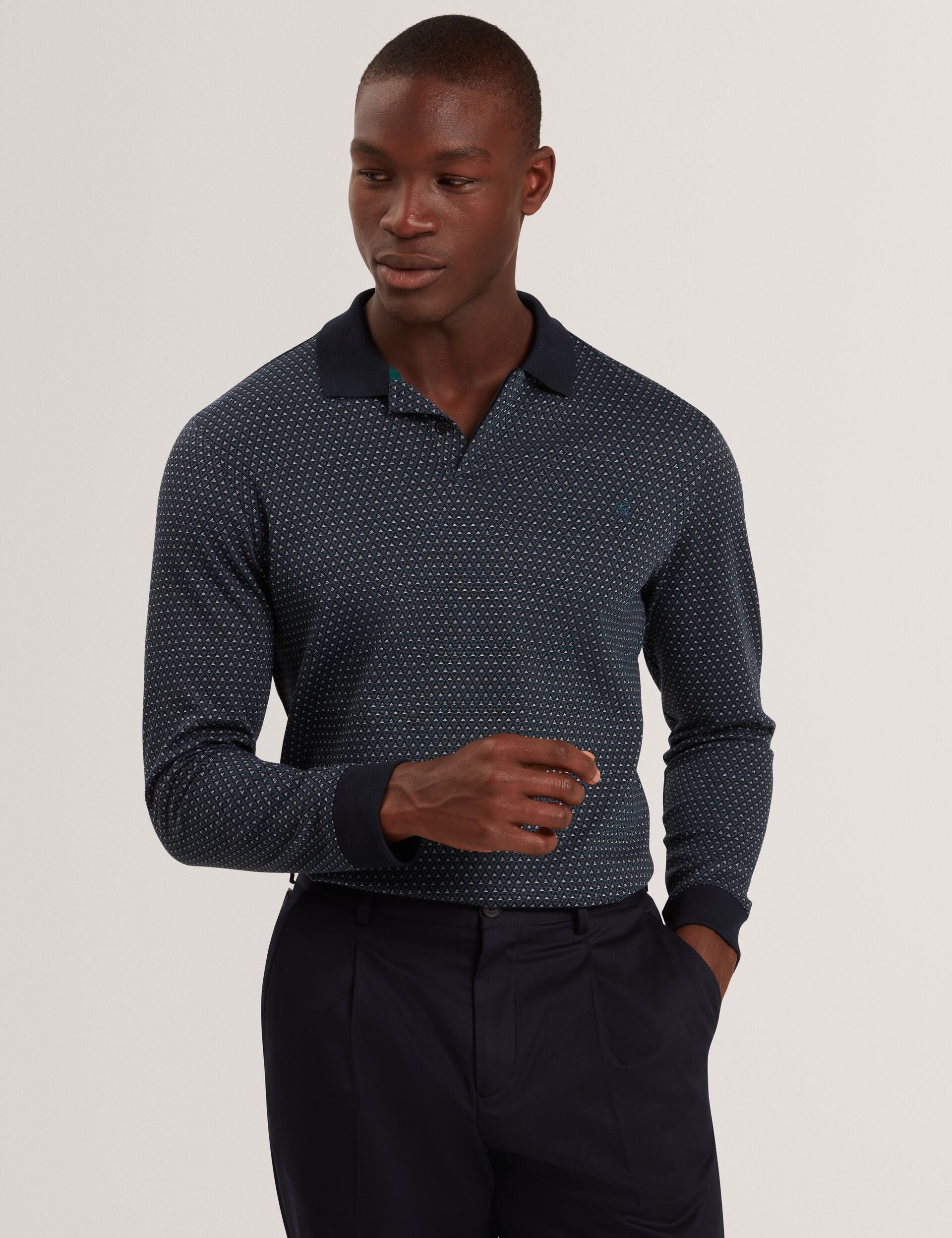 Ted Baker DURAND Micro Geo Jacquard Long Sleeve Polo NAVY