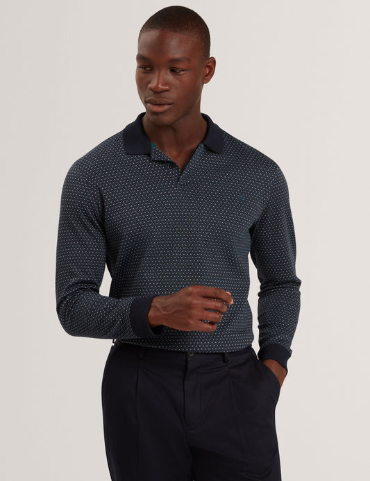 Ted Baker DURAND Micro Geo Jacquard Long Sleeve Polo NAVY