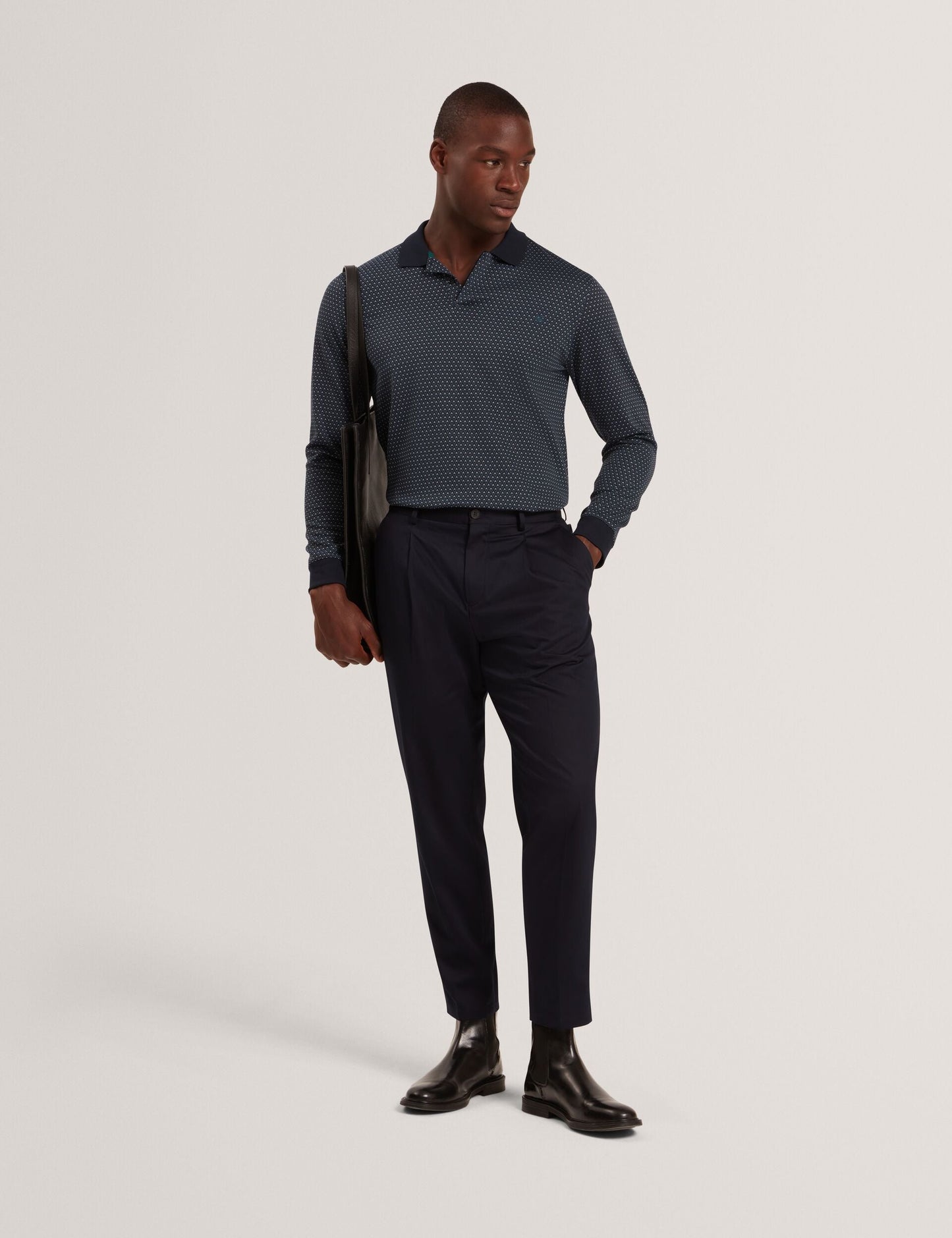 Ted Baker DURAND Micro Geo Jacquard Long Sleeve Polo NAVY
