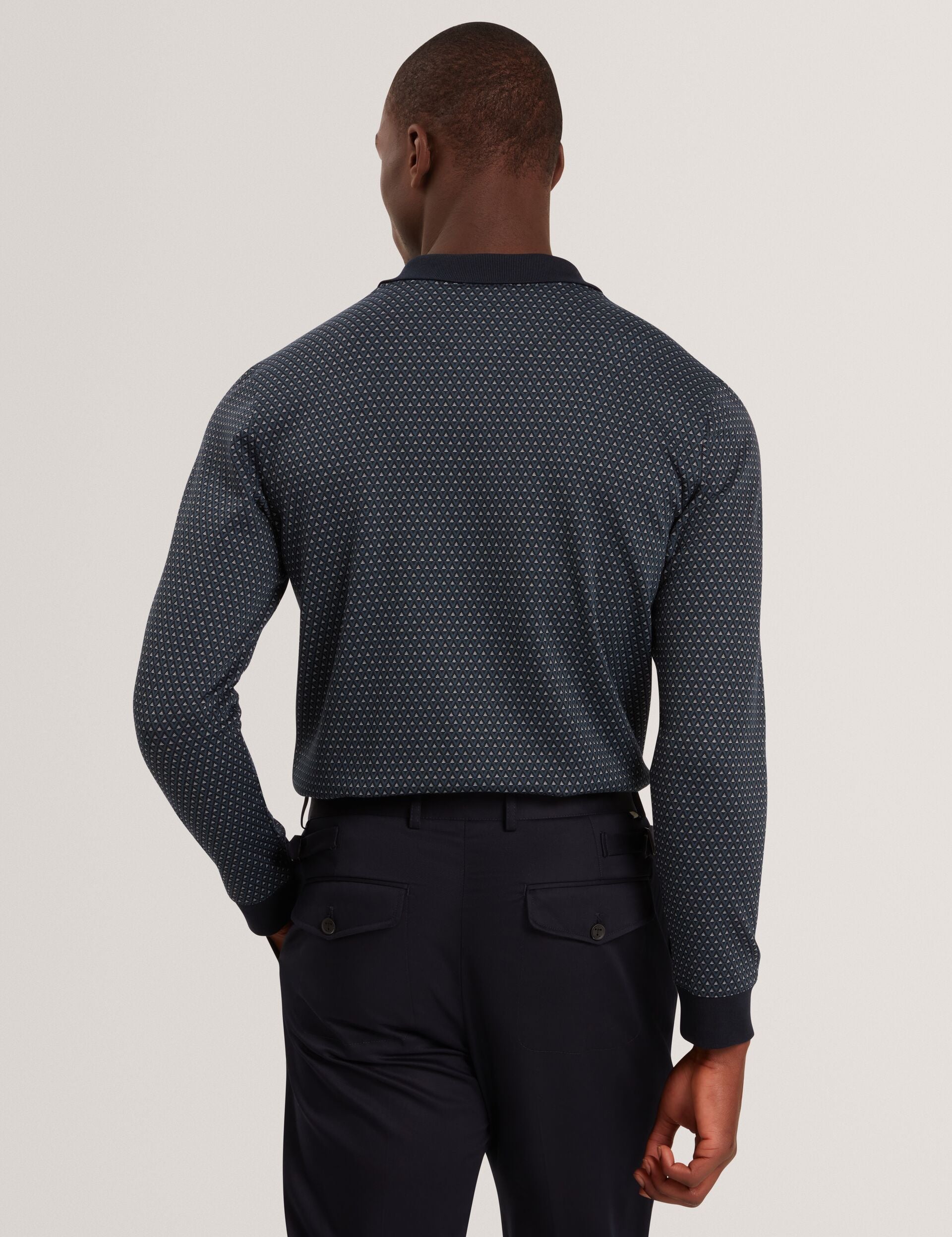 Ted Baker DURAND Micro Geo Jacquard Long Sleeve Polo NAVY