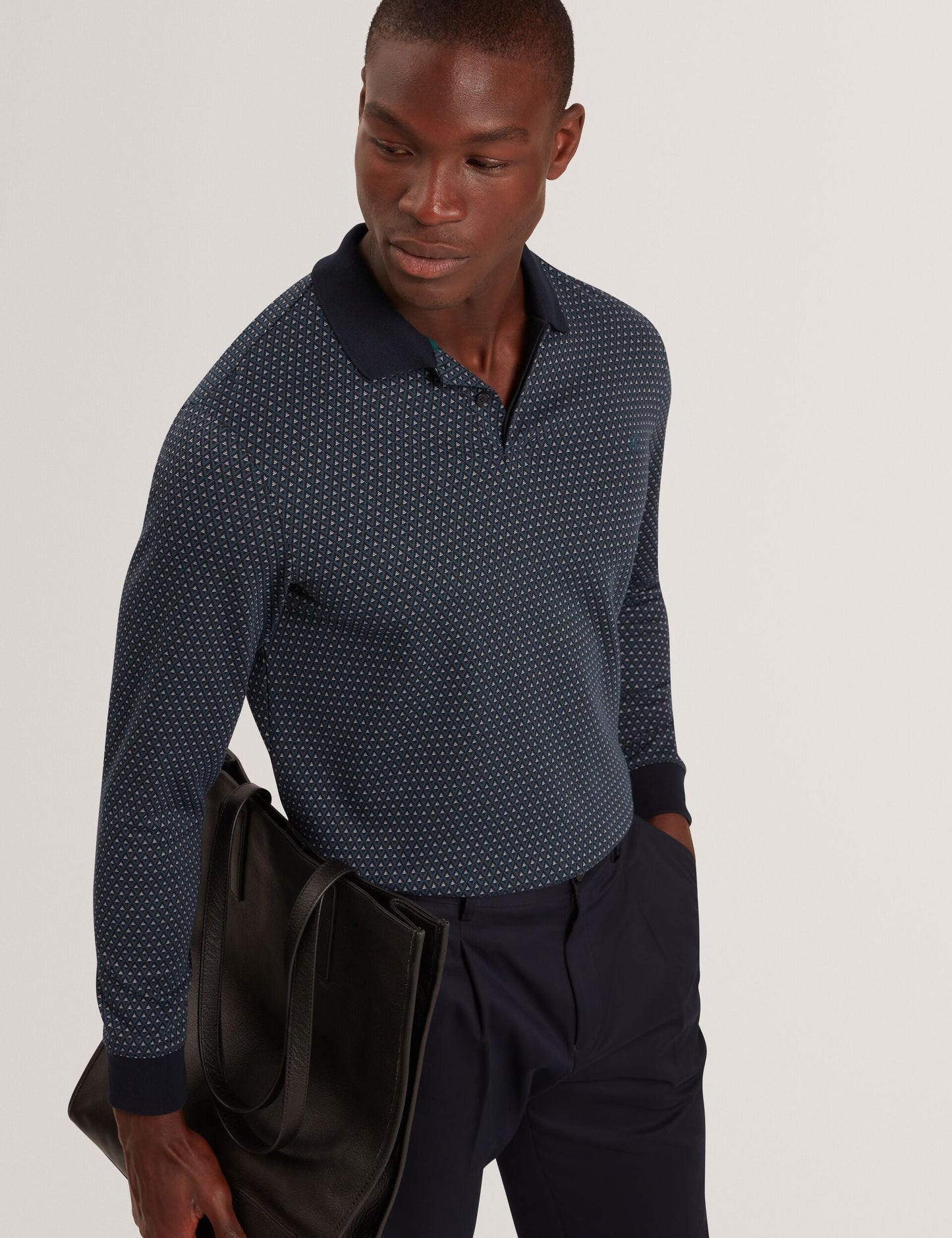 Ted Baker DURAND Micro Geo Jacquard Long Sleeve Polo NAVY