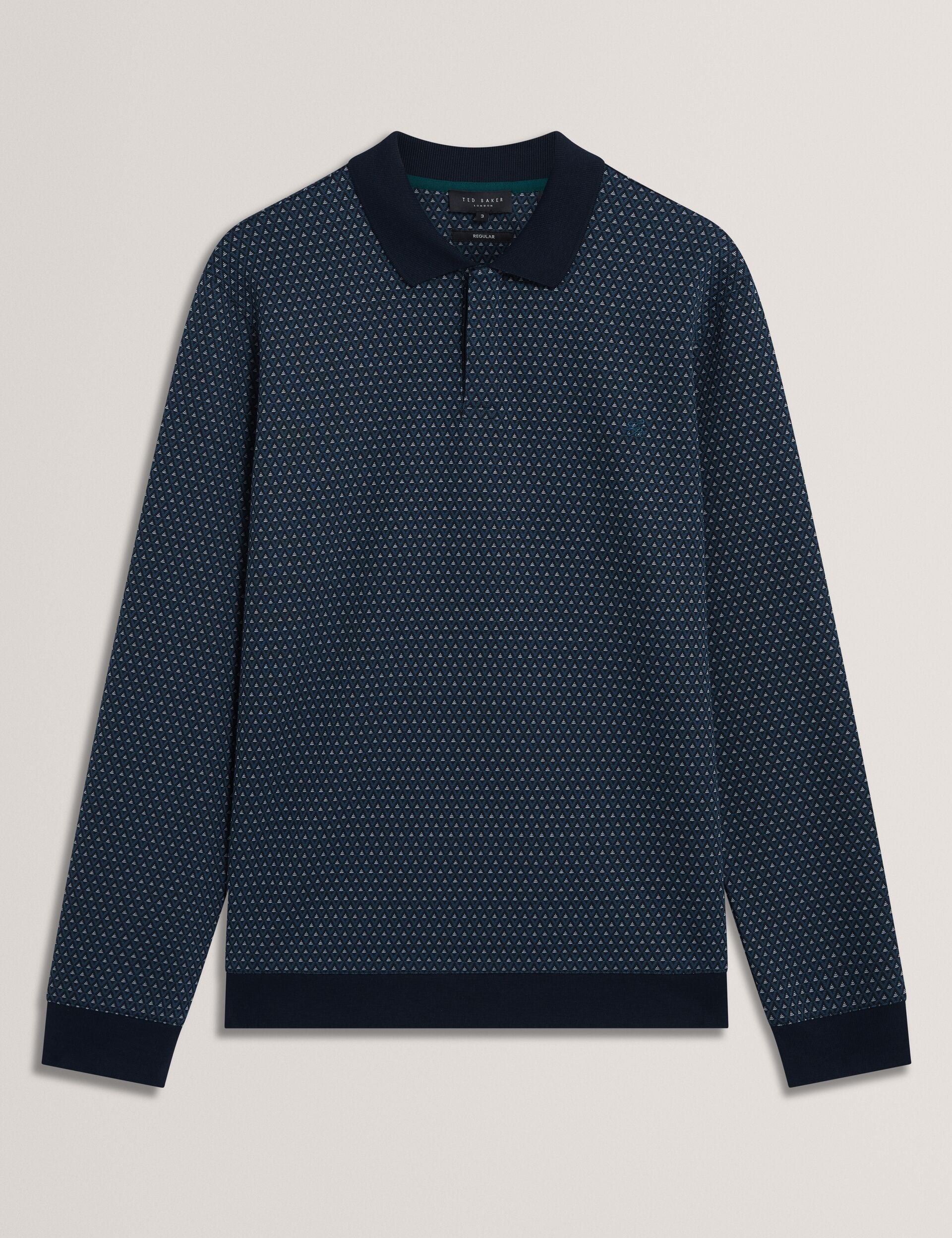 Ted Baker DURAND Micro Geo Jacquard Long Sleeve Polo NAVY