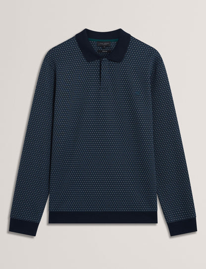 Ted Baker DURAND Micro Geo Jacquard Long Sleeve Polo NAVY
