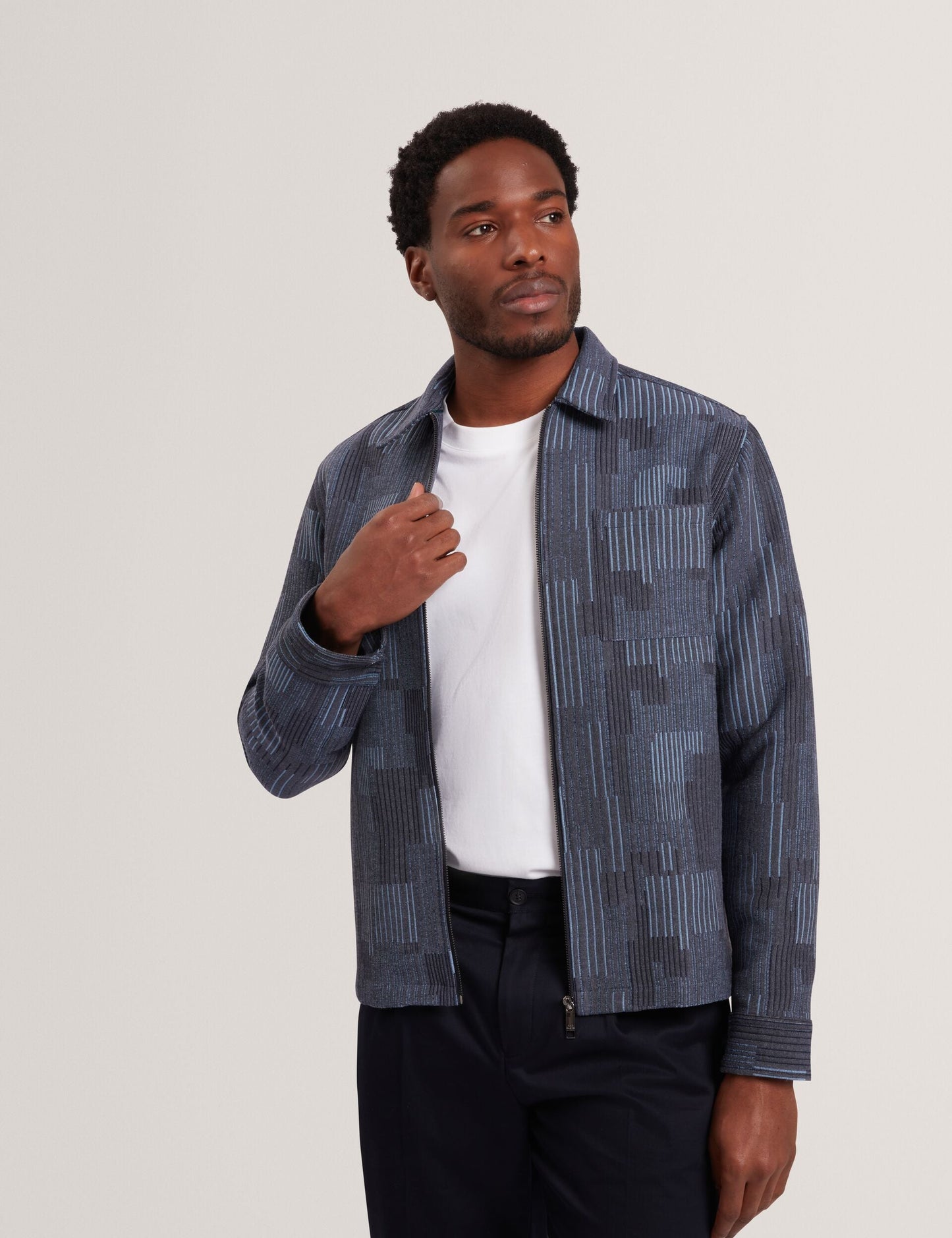 Ted Baker IWOJAN Mixed Weave Stripe Zip-Through Overshirt NAVY BLUE