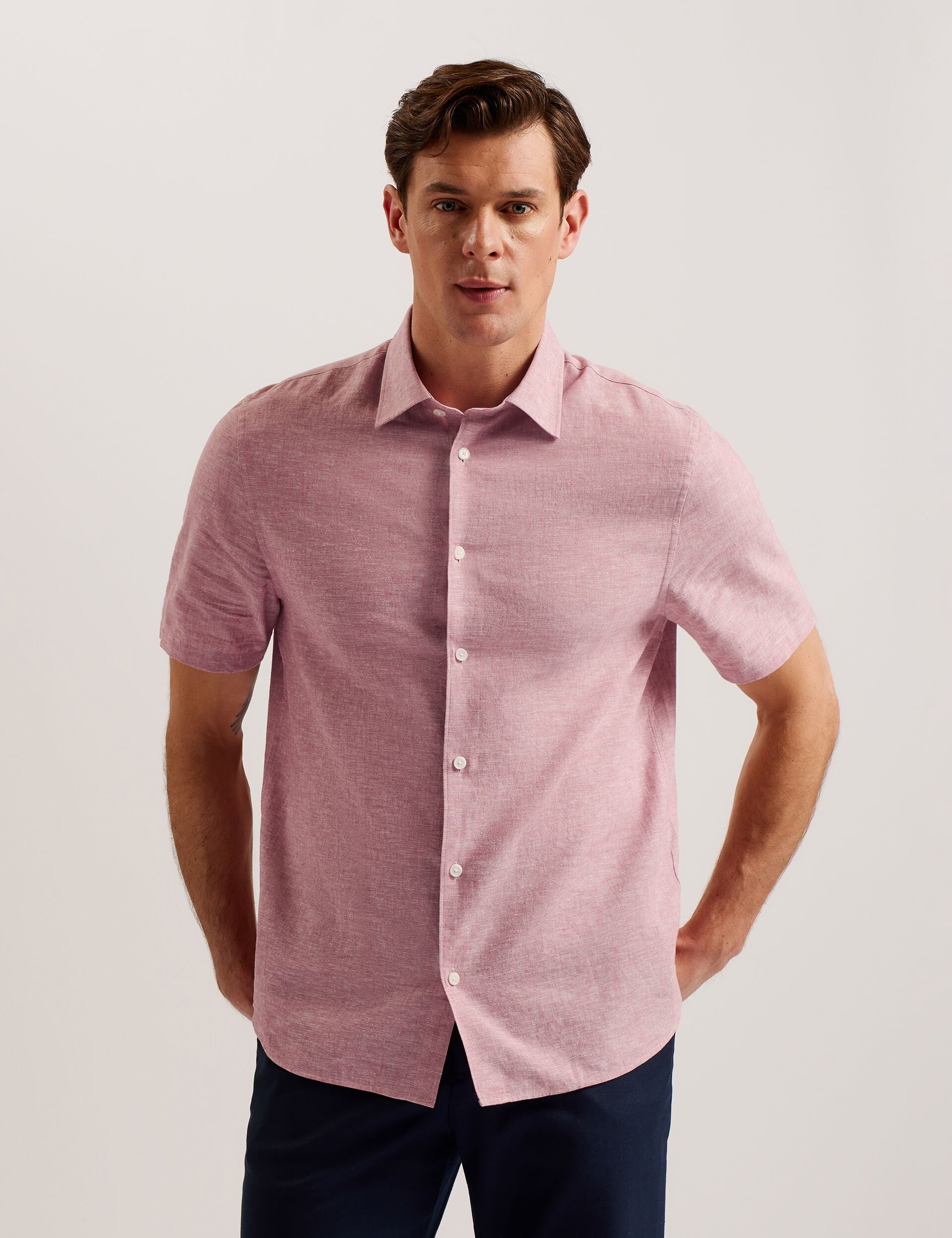 Ted Baker NAIRES Linen Blend Slim Short Sleeve Shirt MID PINK