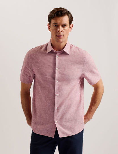 Ted Baker NAIRES Linen Blend Slim Short Sleeve Shirt MID PINK