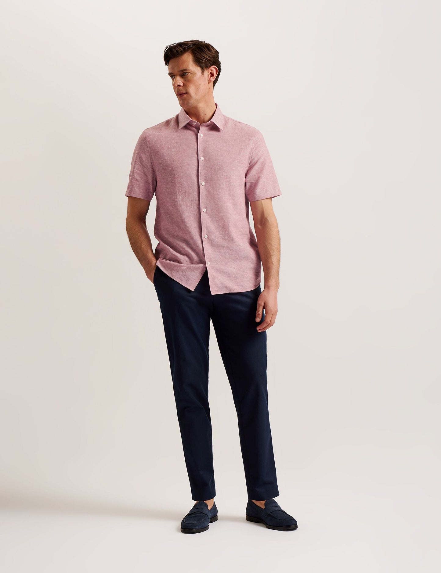 Ted Baker NAIRES Linen Blend Slim Short Sleeve Shirt MID PINK