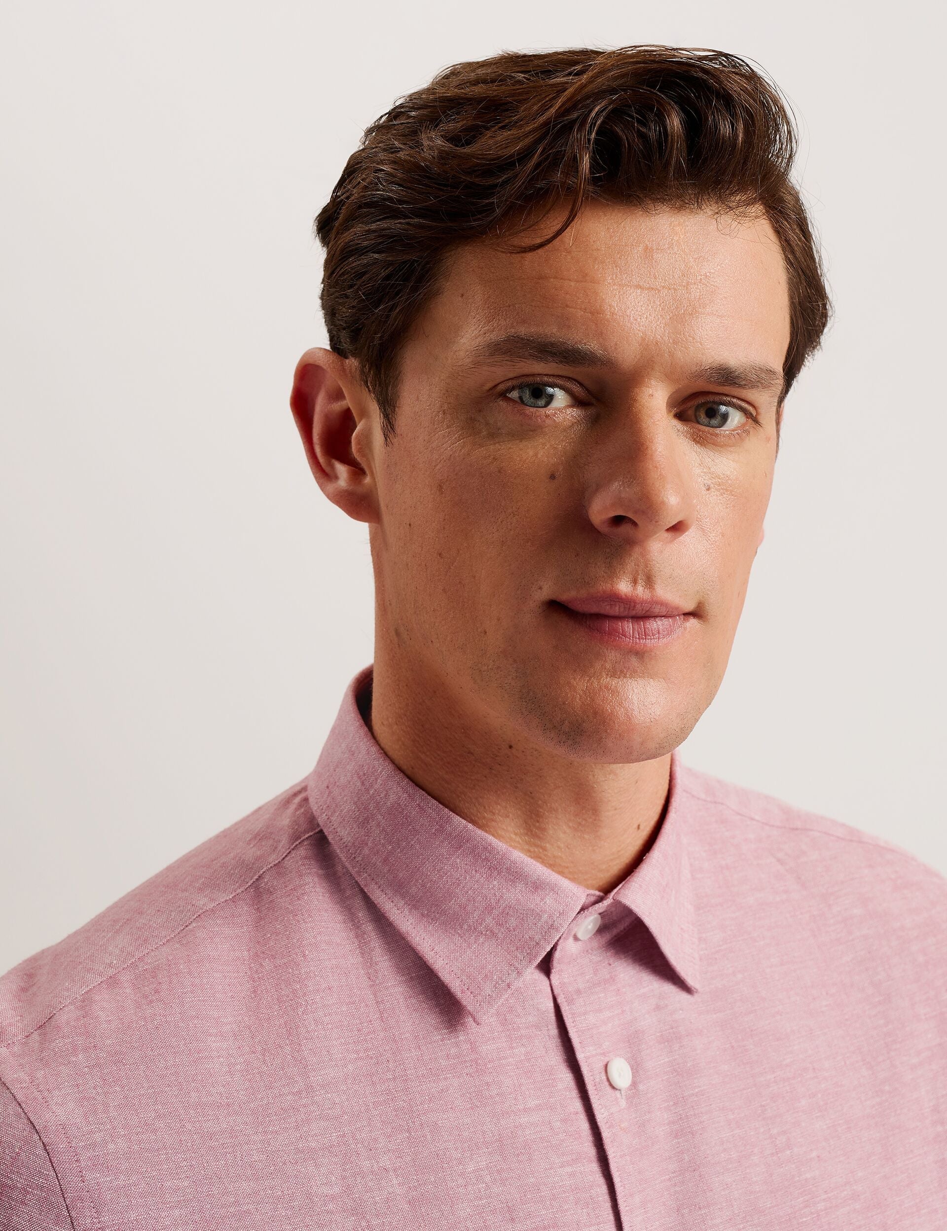 Ted Baker NAIRES Linen Blend Slim Short Sleeve Shirt MID PINK
