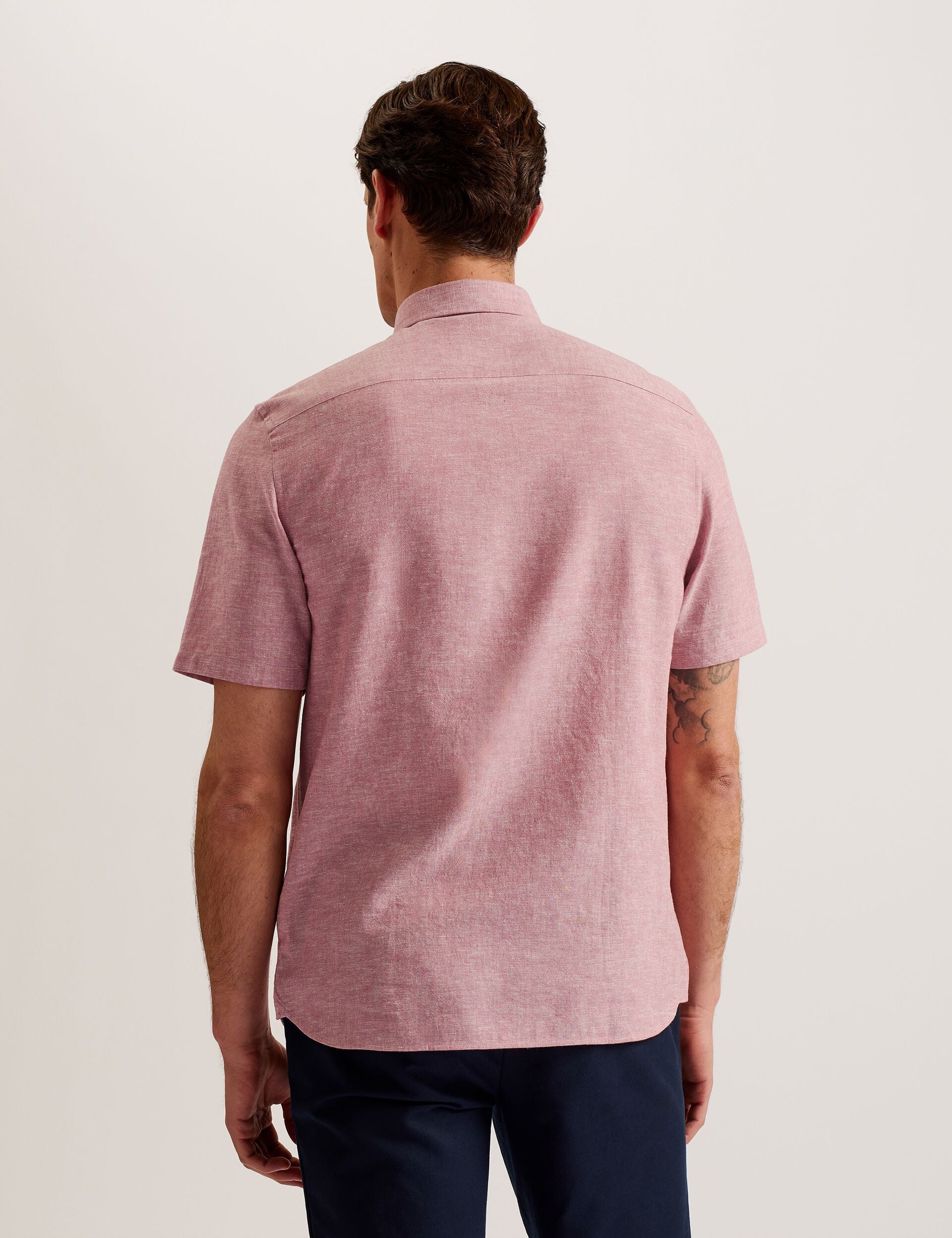 Ted Baker NAIRES Linen Blend Slim Short Sleeve Shirt MID PINK