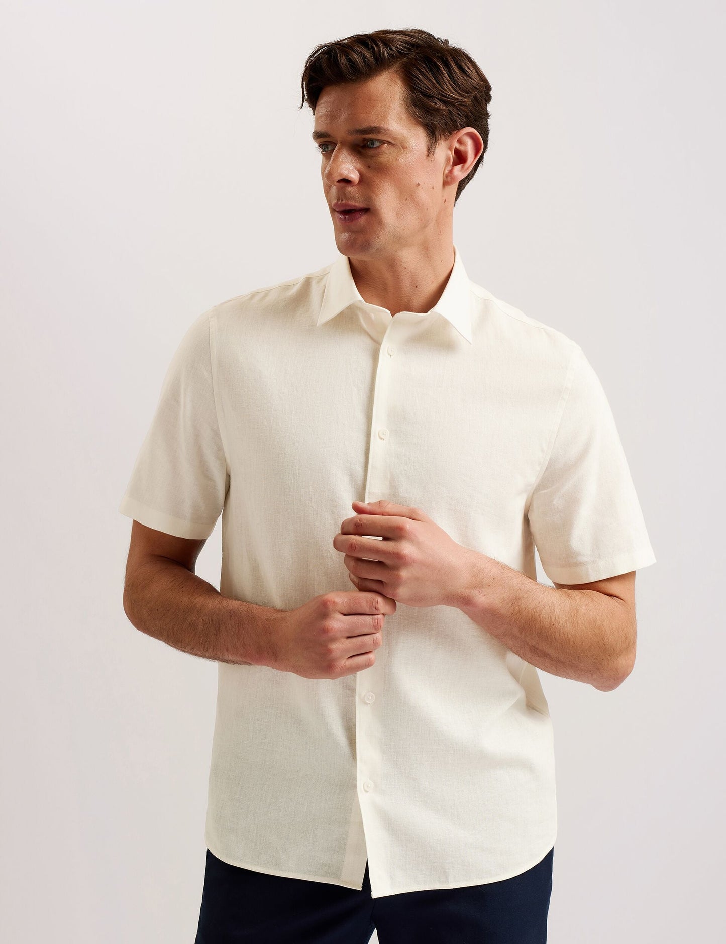 Ted Baker NAIRES Linen Blend Slim Short Sleeve Shirt WHITE