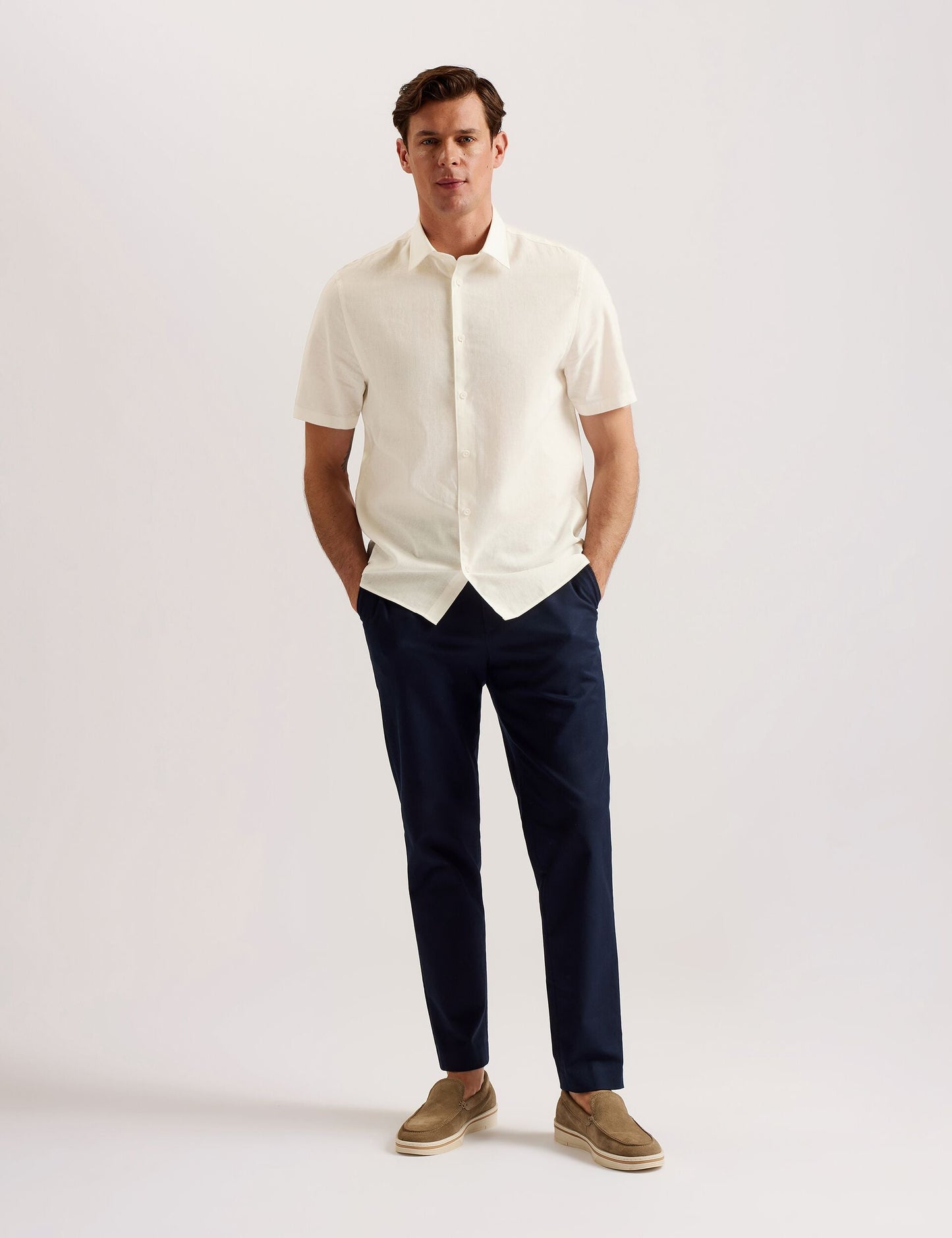 Ted Baker NAIRES Linen Blend Slim Short Sleeve Shirt WHITE