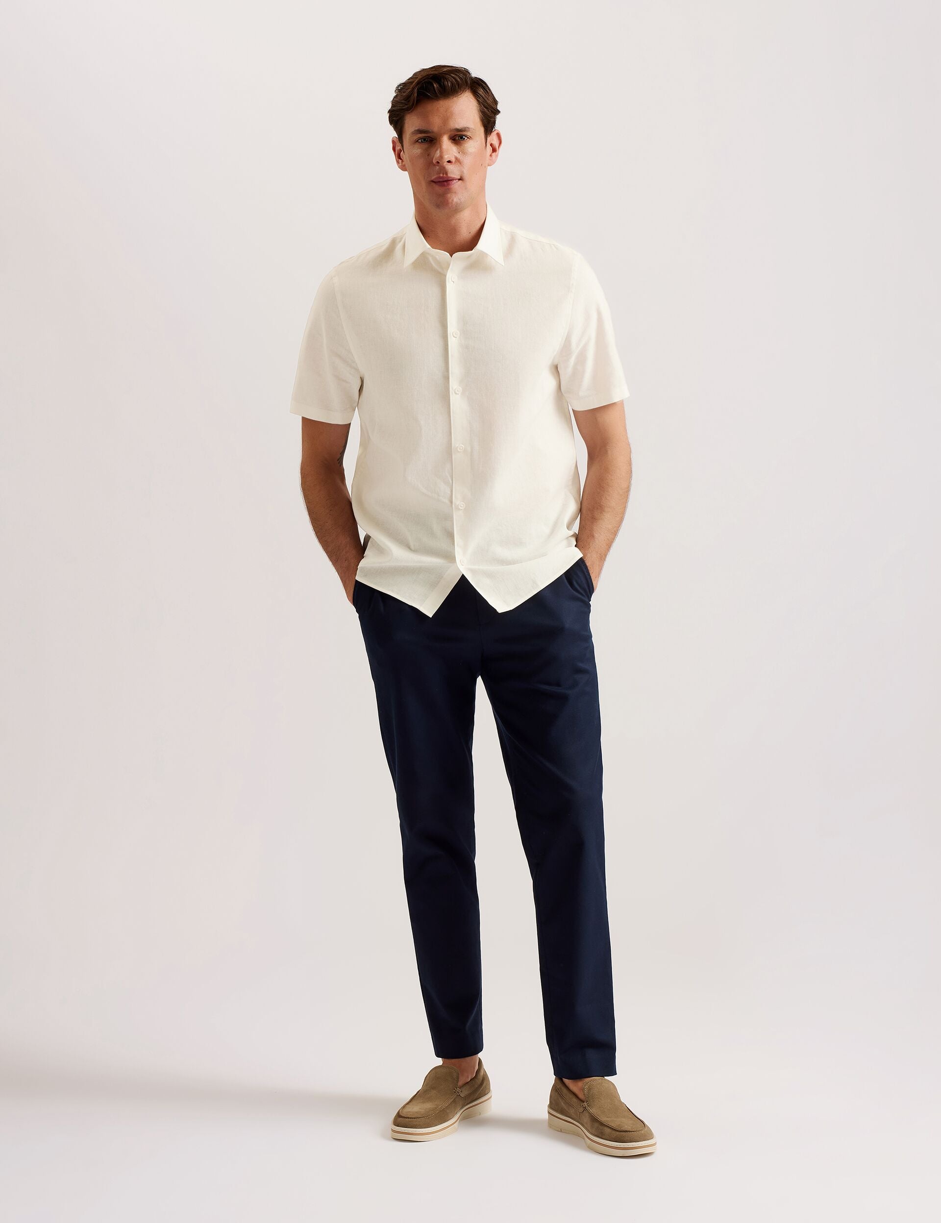 Ted Baker NAIRES Linen Blend Slim Short Sleeve Shirt WHITE