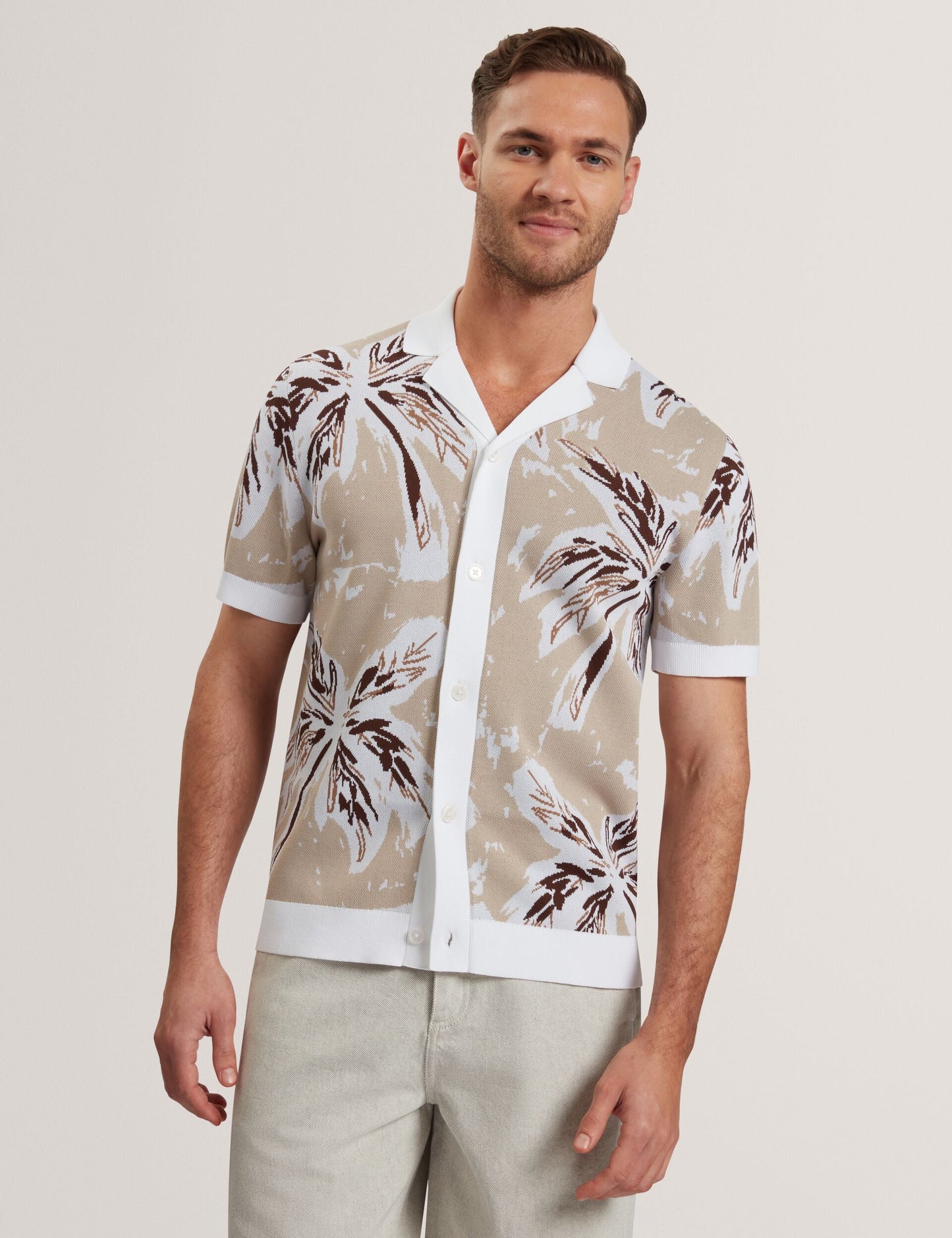 Ted Baker KYES - Leaf Print Knitted Short Sleeve Shirt TAUPE