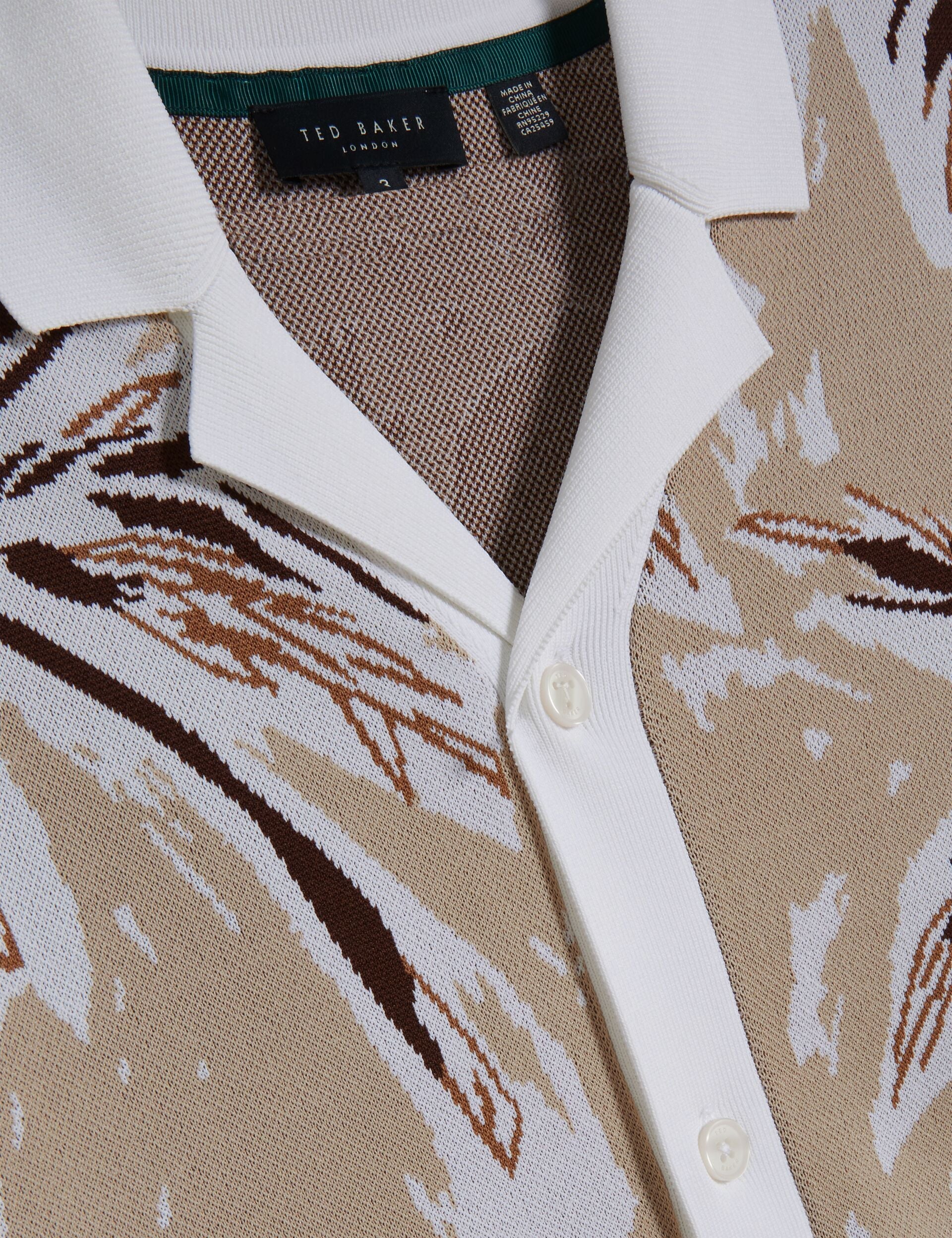 Ted Baker KYES - Leaf Print Knitted Short Sleeve Shirt TAUPE