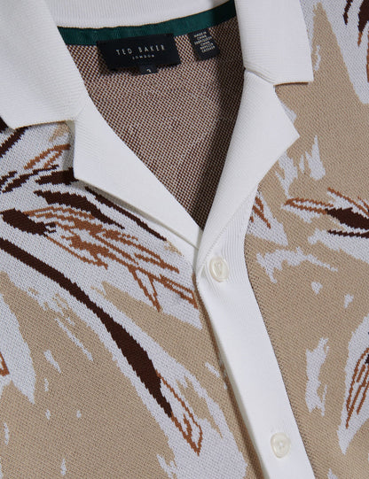 Ted Baker KYES - Leaf Print Knitted Short Sleeve Shirt TAUPE