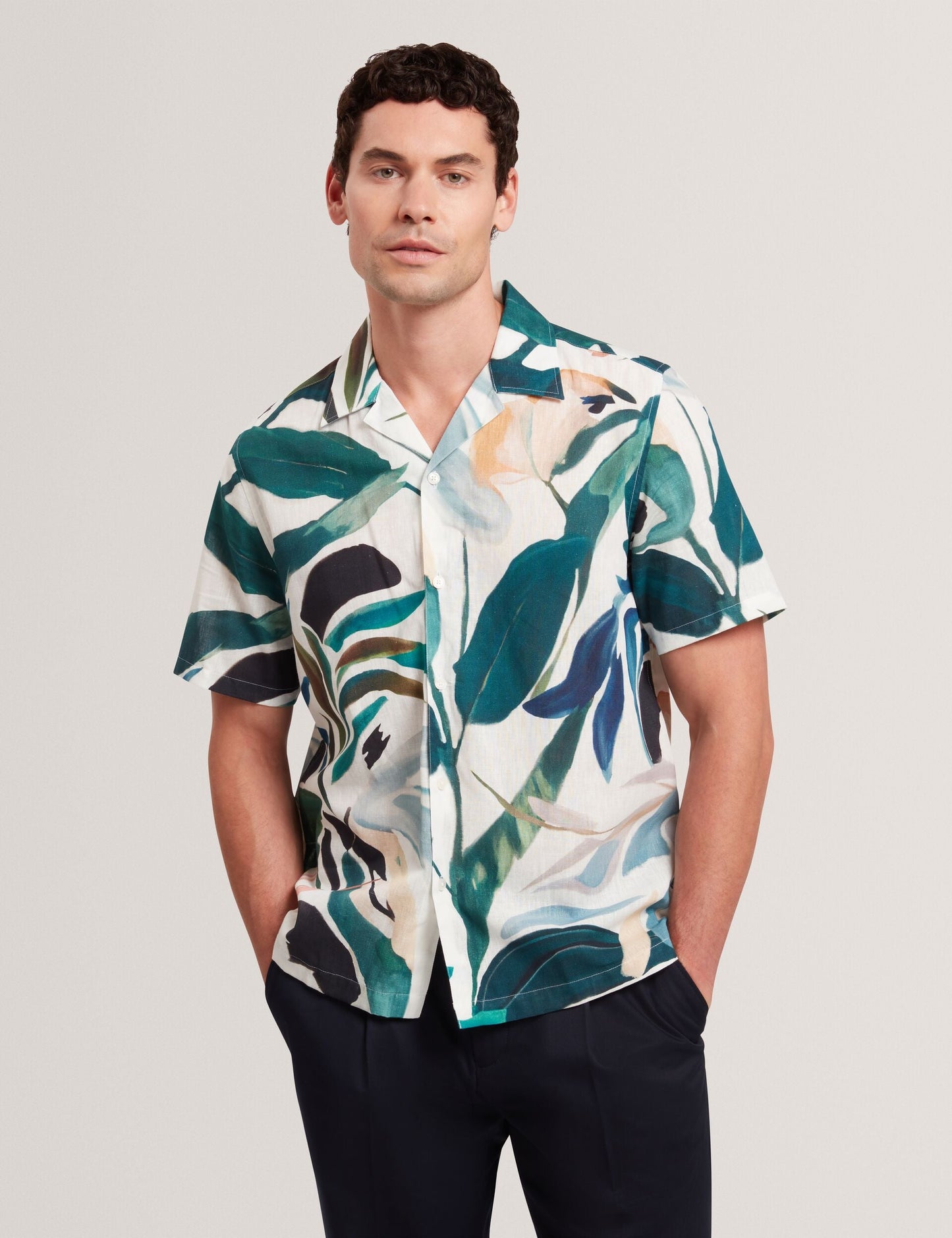 Ted Baker ROGNSKI - Relaxed Floral Short Sleeve Linen Shirt WHITE