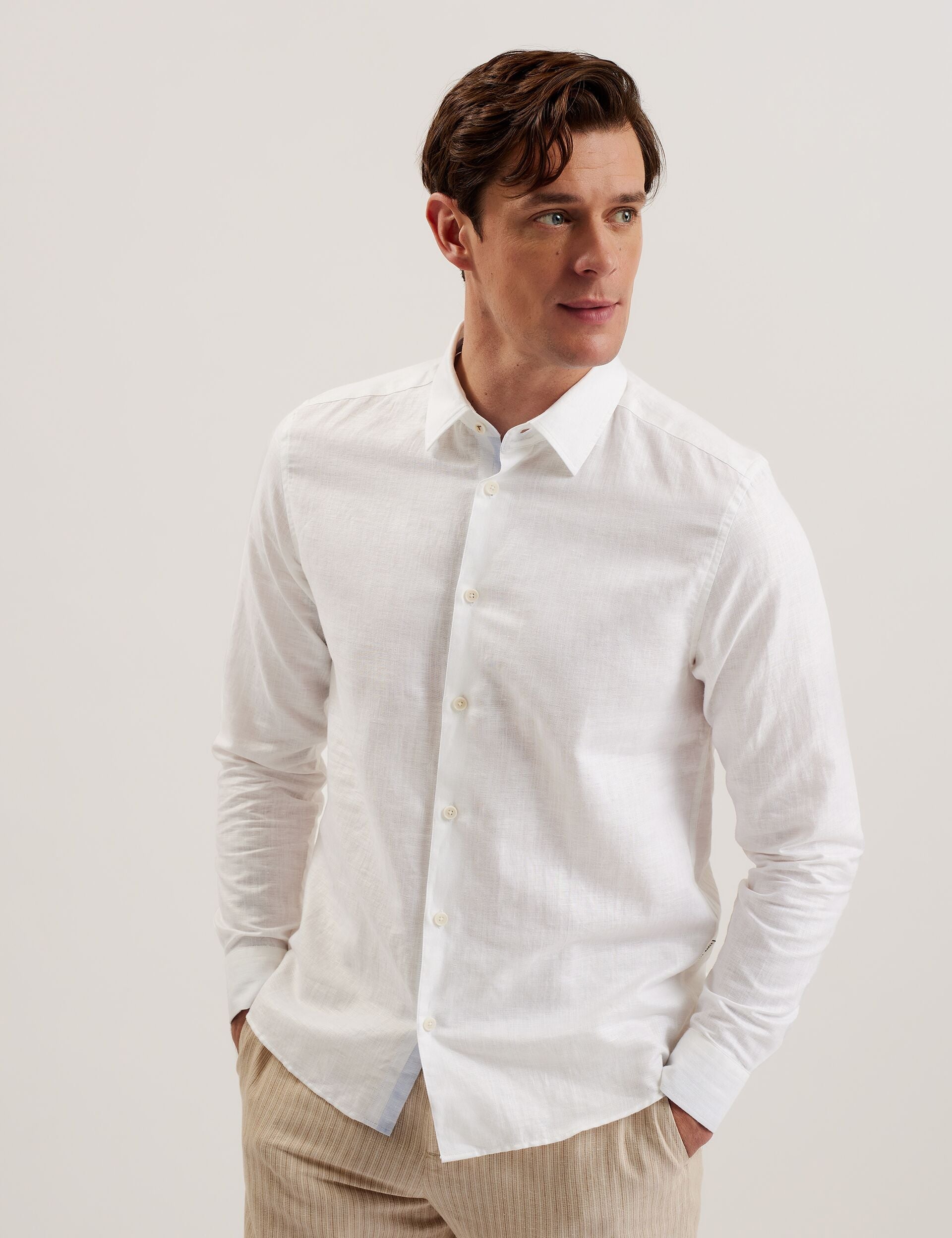 Ted Baker ROMEOS - White Regular Fit Cotton Linen Long Sleeve Shirt WHITE