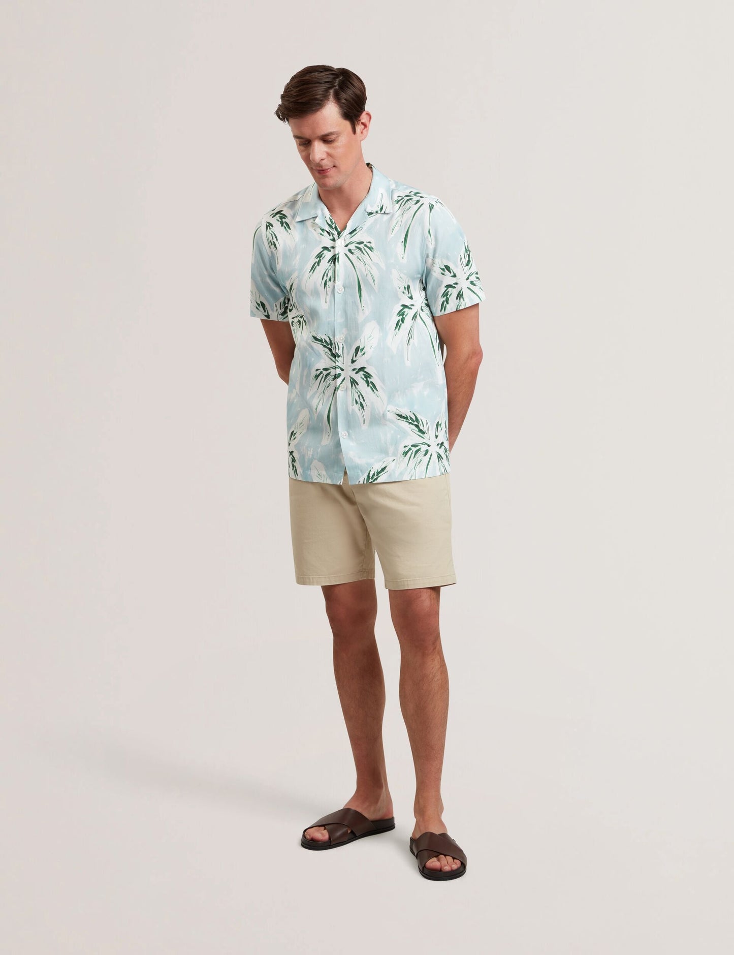 Ted Baker BOCHE - Tropical Print Linen Blend Relaxed Shirt PALE GREEN