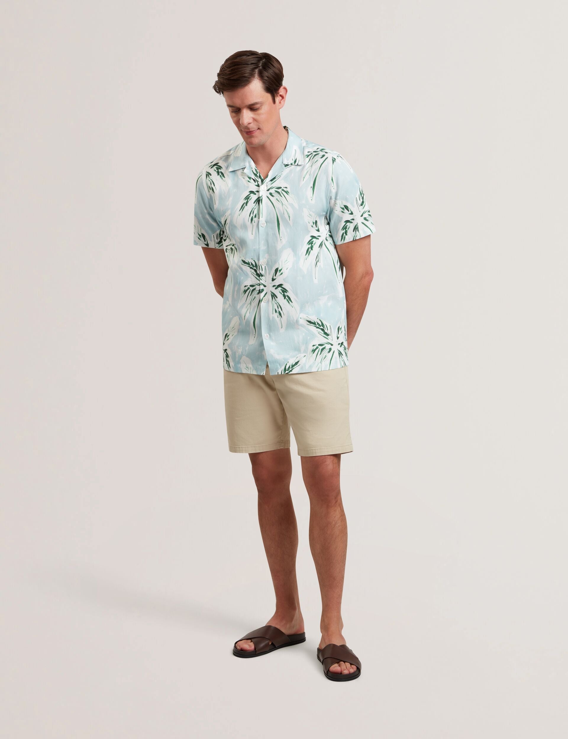 Ted Baker BOCHE - Tropical Print Linen Blend Relaxed Shirt PALE GREEN