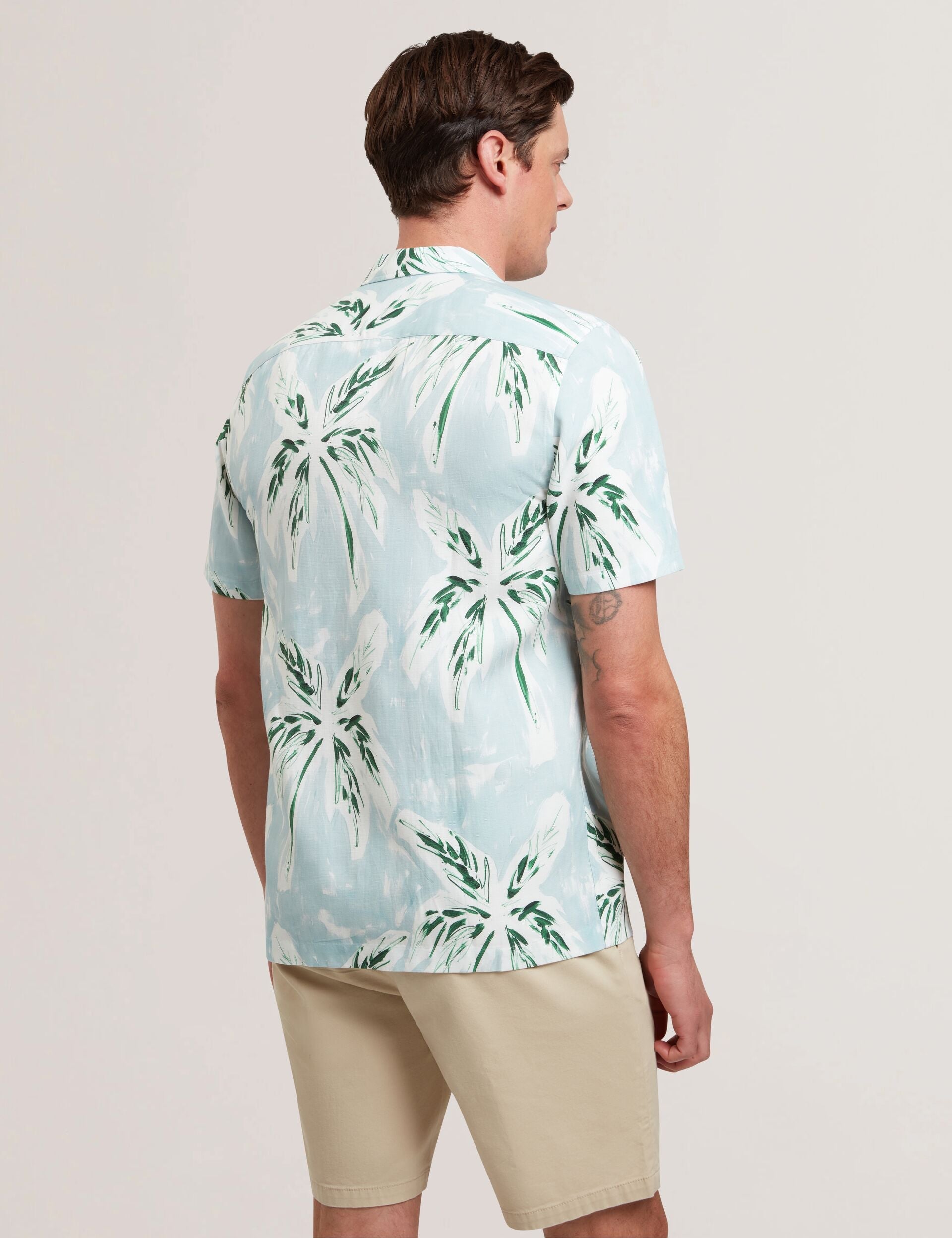 Ted Baker BOCHE - Tropical Print Linen Blend Relaxed Shirt PALE GREEN