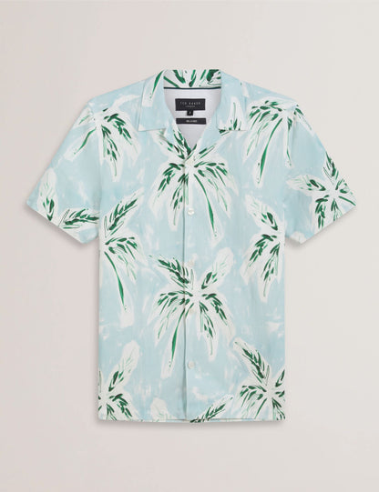 Ted Baker BOCHE - Tropical Print Linen Blend Relaxed Shirt PALE GREEN