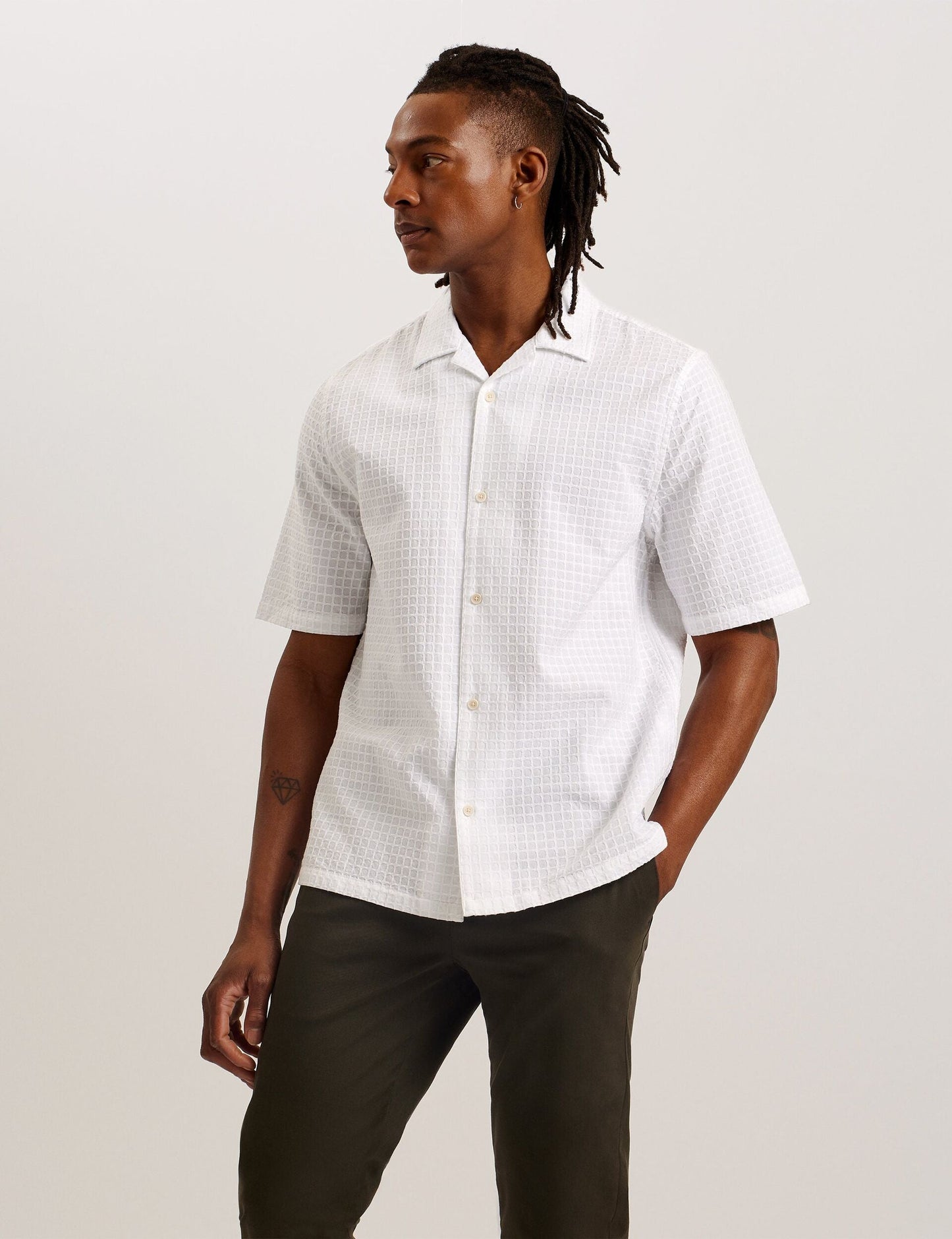 Ted Baker OISE - Textured Grid Cotton Short Sleeve Shirt WHITE