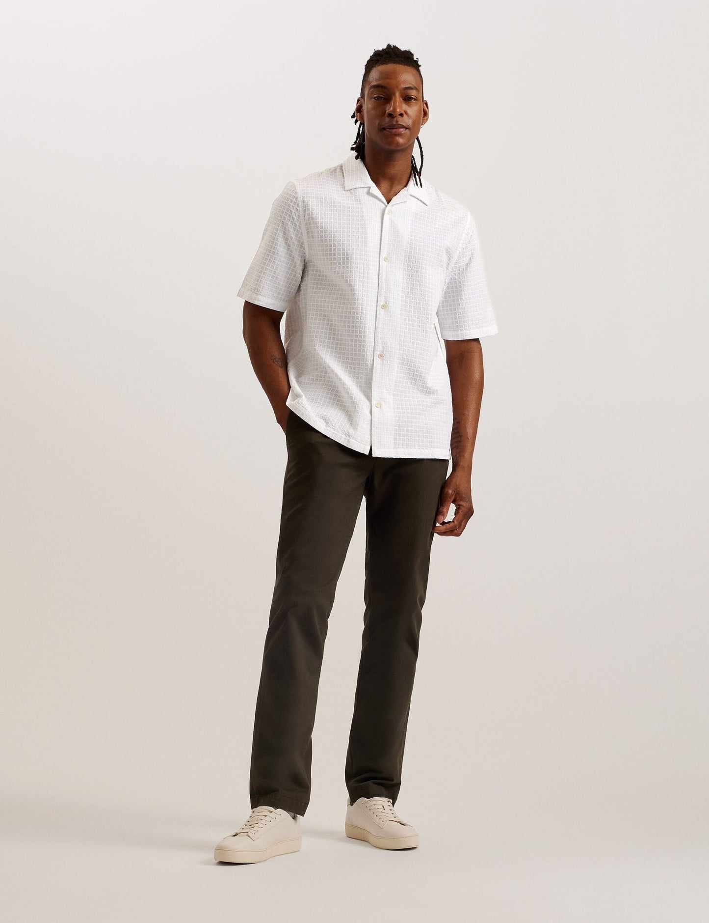 Ted Baker OISE - Textured Grid Cotton Short Sleeve Shirt WHITE