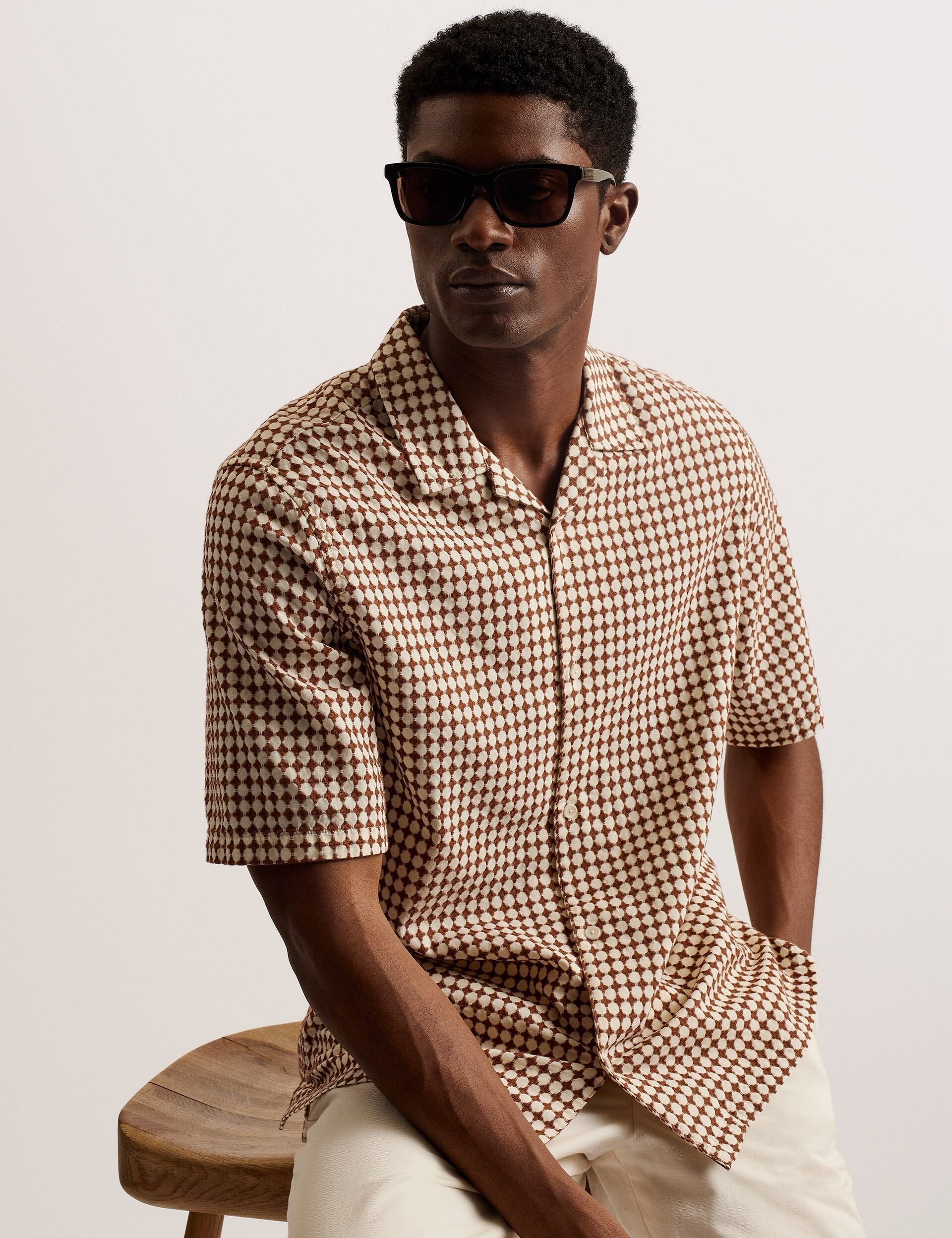 Ted Baker OISE - Textured Grid Cotton Short Sleeve Shirt BROWN