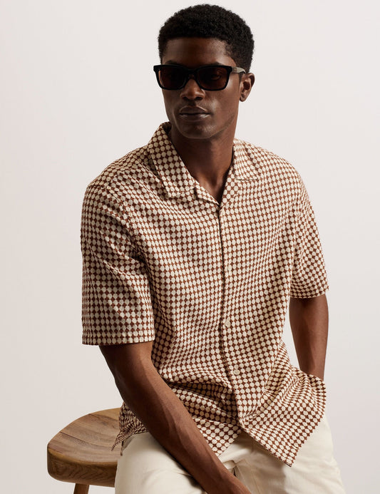 Ted Baker OISE - Textured Grid Cotton Short Sleeve Shirt BROWN